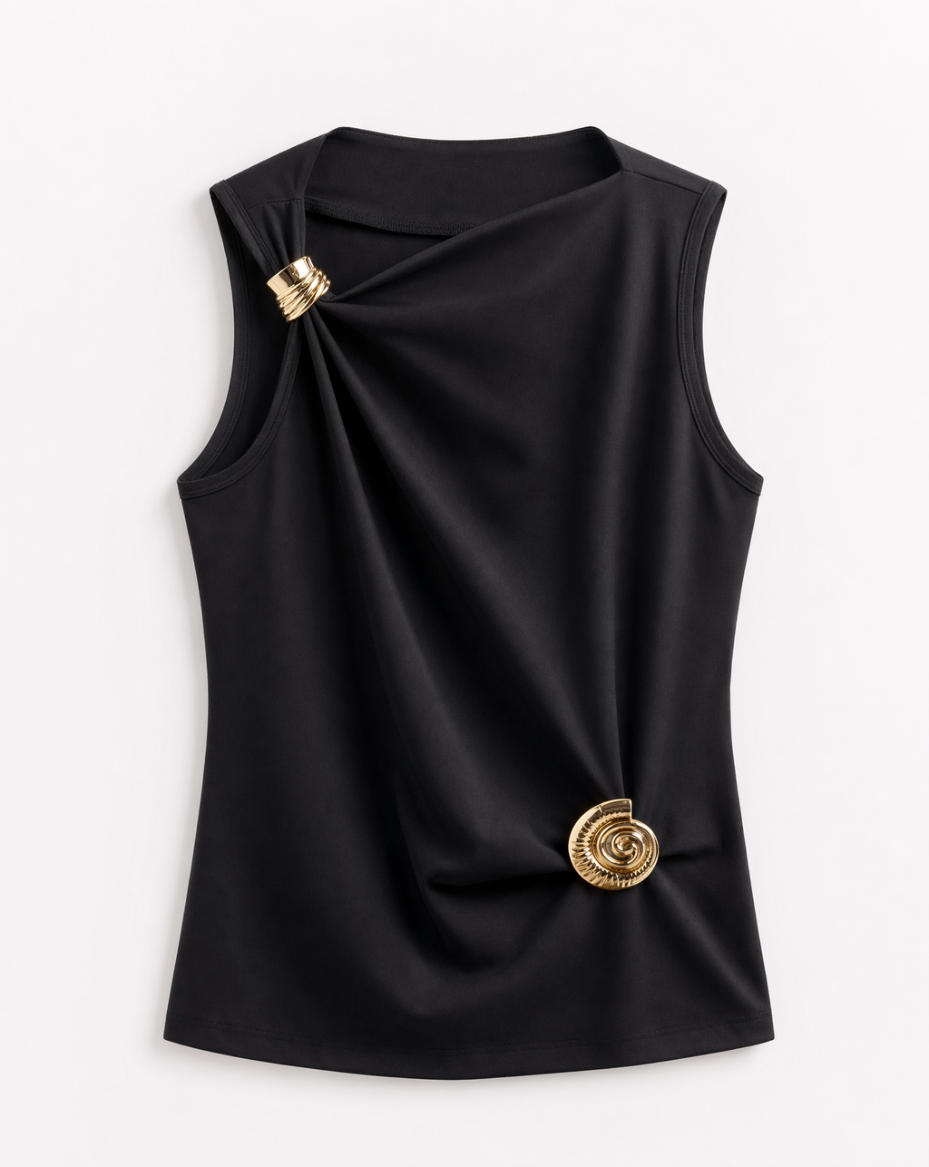 Top Asimétrico con Broche Dorado Negro - nn.studio Style 6730
