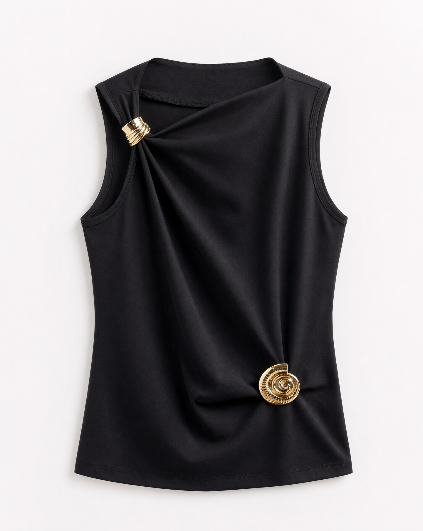 Top Asimétrico con Broche Dorado Negro - nn.studio Style 6730