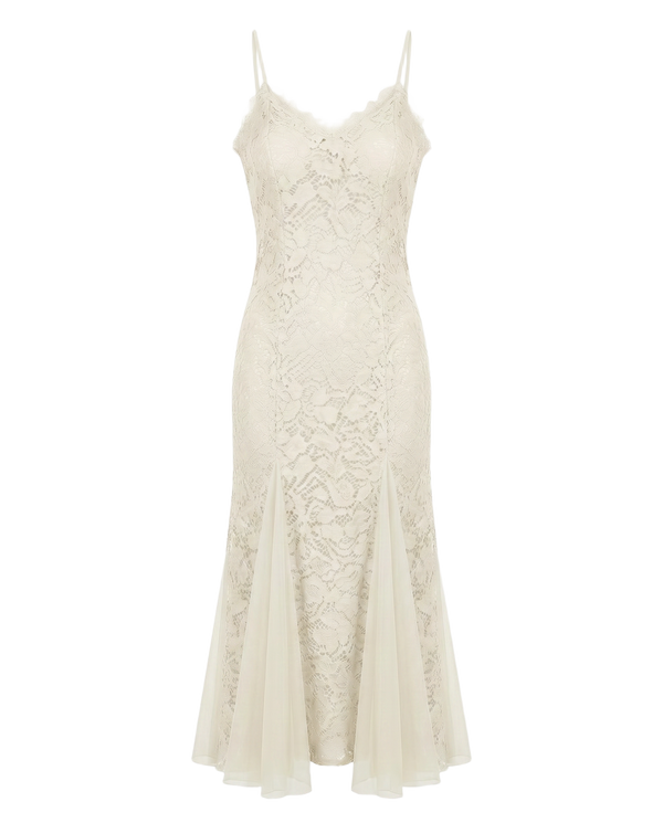 Vestido Maxi Encaje Floral Escote V Beis - nn.studio Style J9623