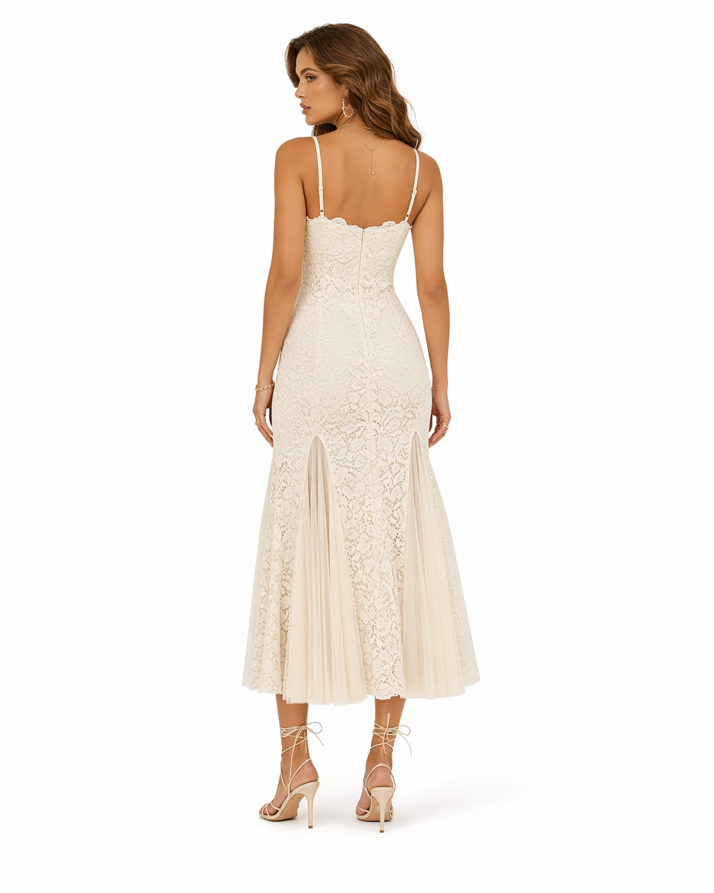 Vestido Maxi Encaje Floral Escote V Beis - nn.studio Style J9623