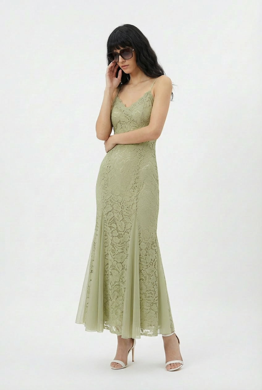 Vestido Maxi Encaje Floral Escote V Verde - nn.studio Style J9623