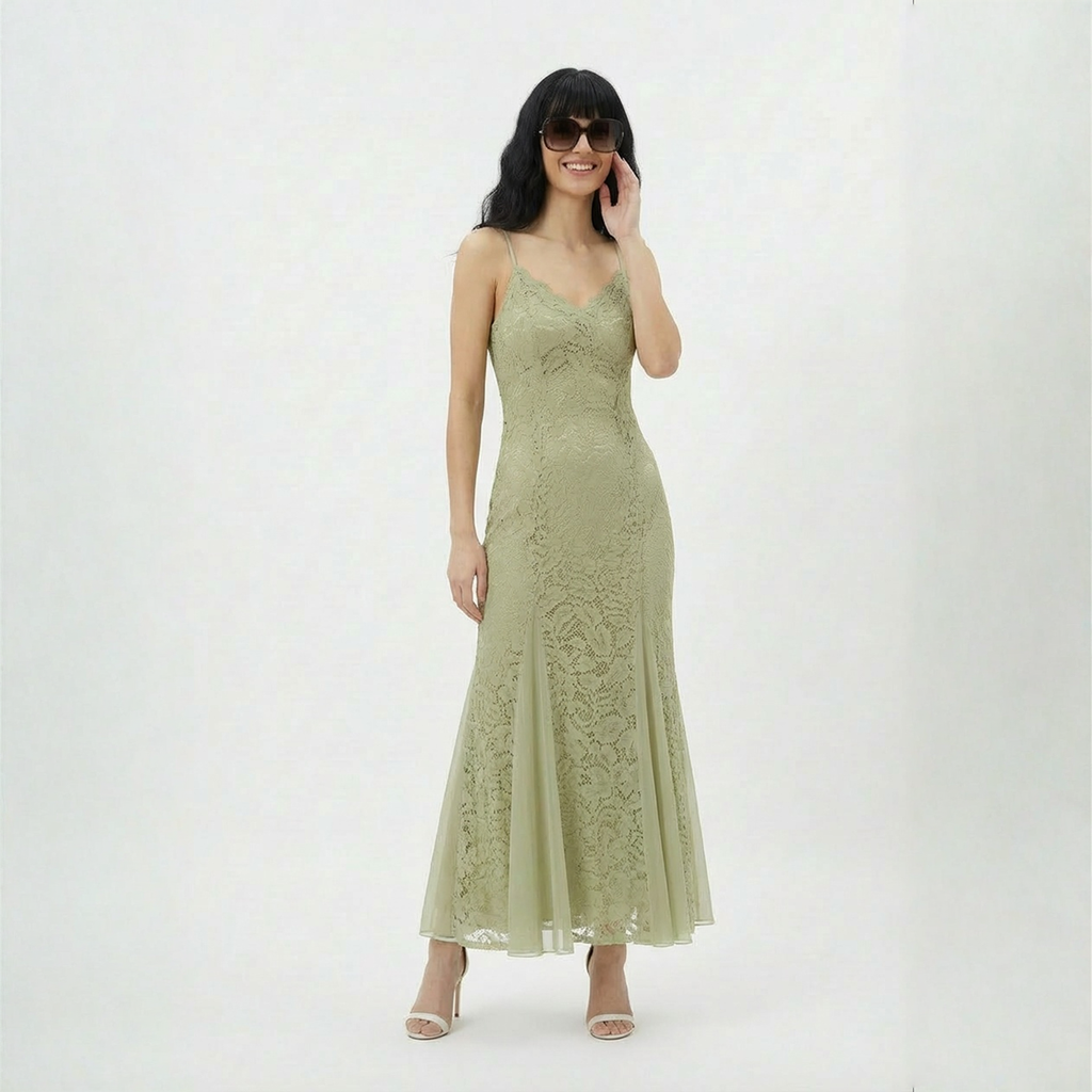 Vestido Maxi Encaje Floral Escote V Verde - nn.studio Style J9623