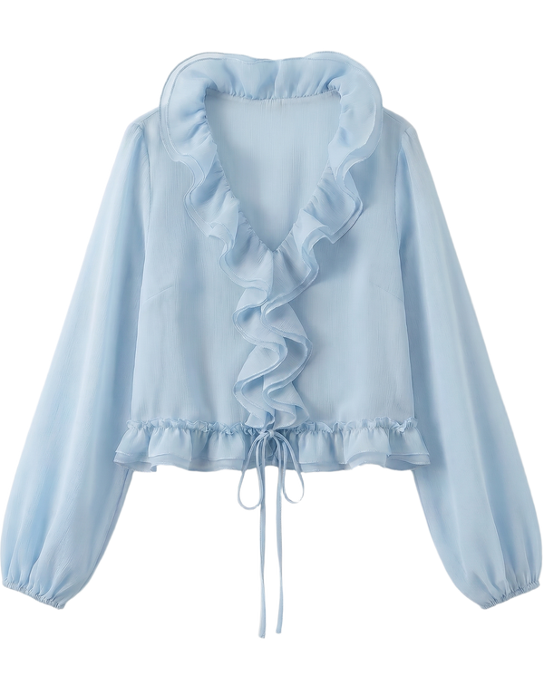 Blusa Chifón Volantes y Cordón Azul - nn.studio Style K1079