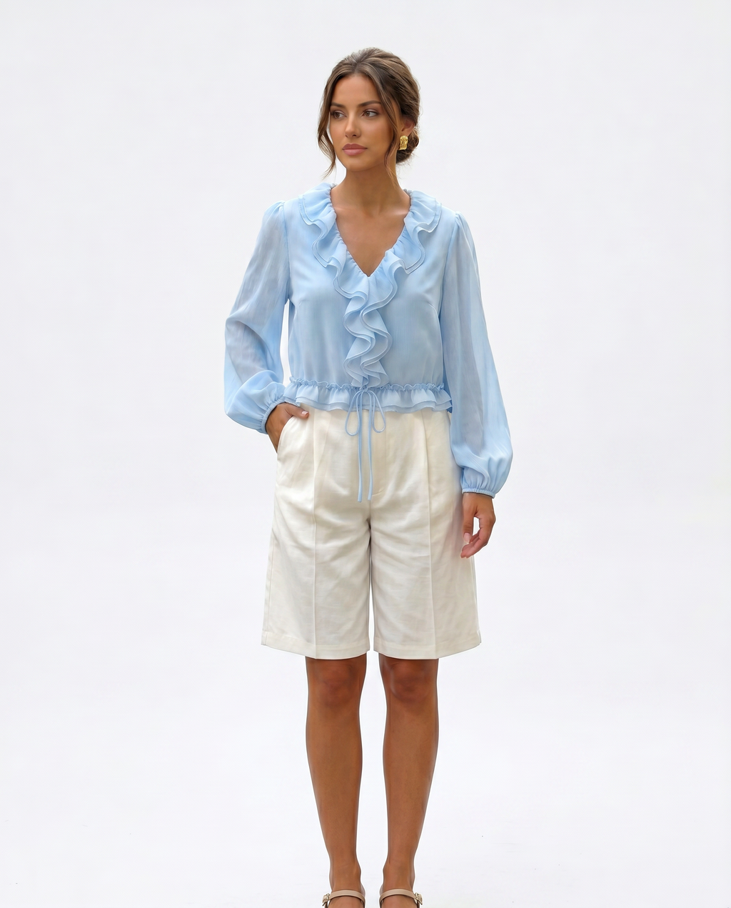 Blusa Chifón Volantes y Cordón Azul - nn.studio Style K1079