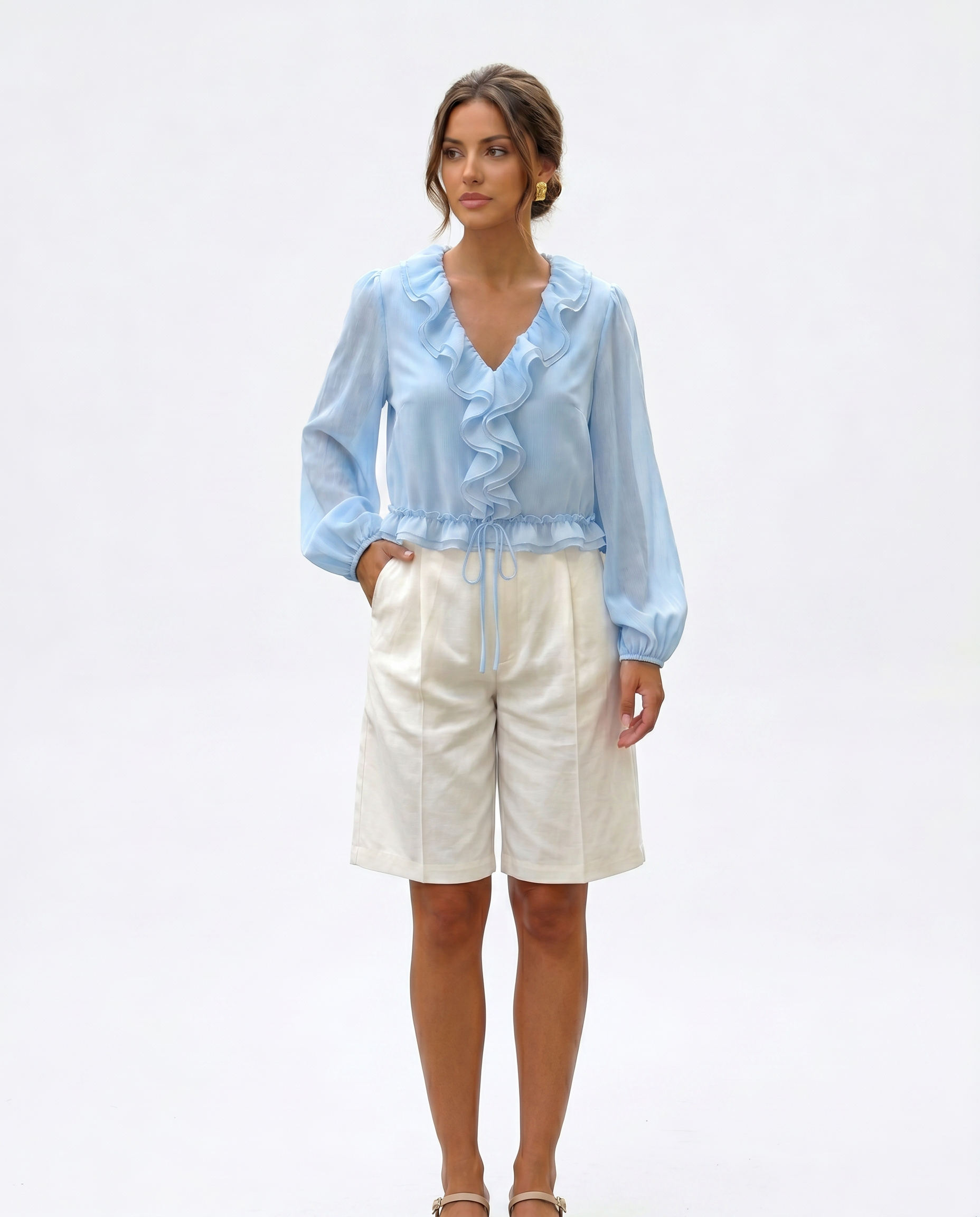 Blusa Chifón Volantes y Cordón Azul - nn.studio Style K1079