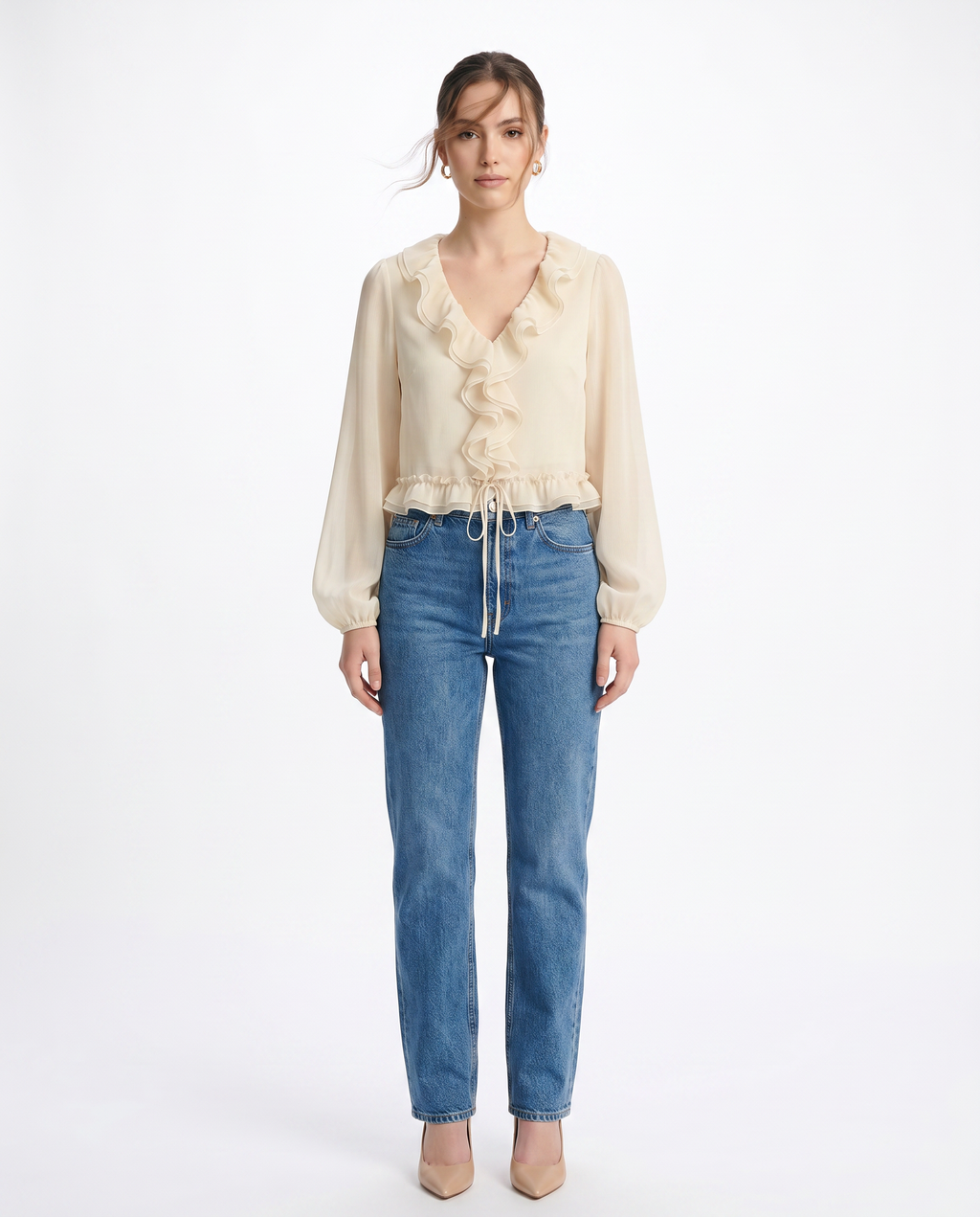Blusa Chifón Volantes y Cordón Beis - nn.studio Style K1079