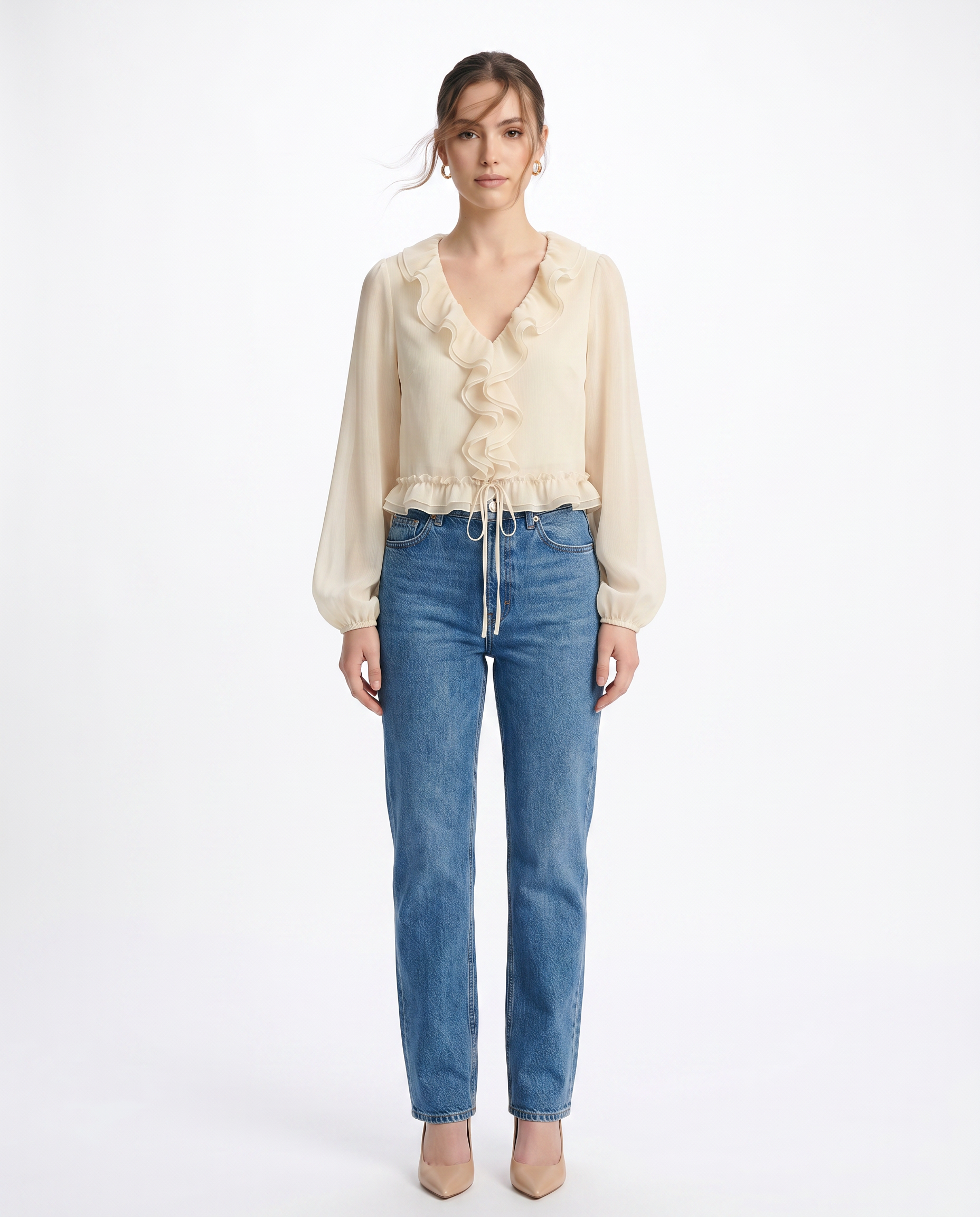 Blusa Chifón Volantes y Cordón Beis - nn.studio Style K1079