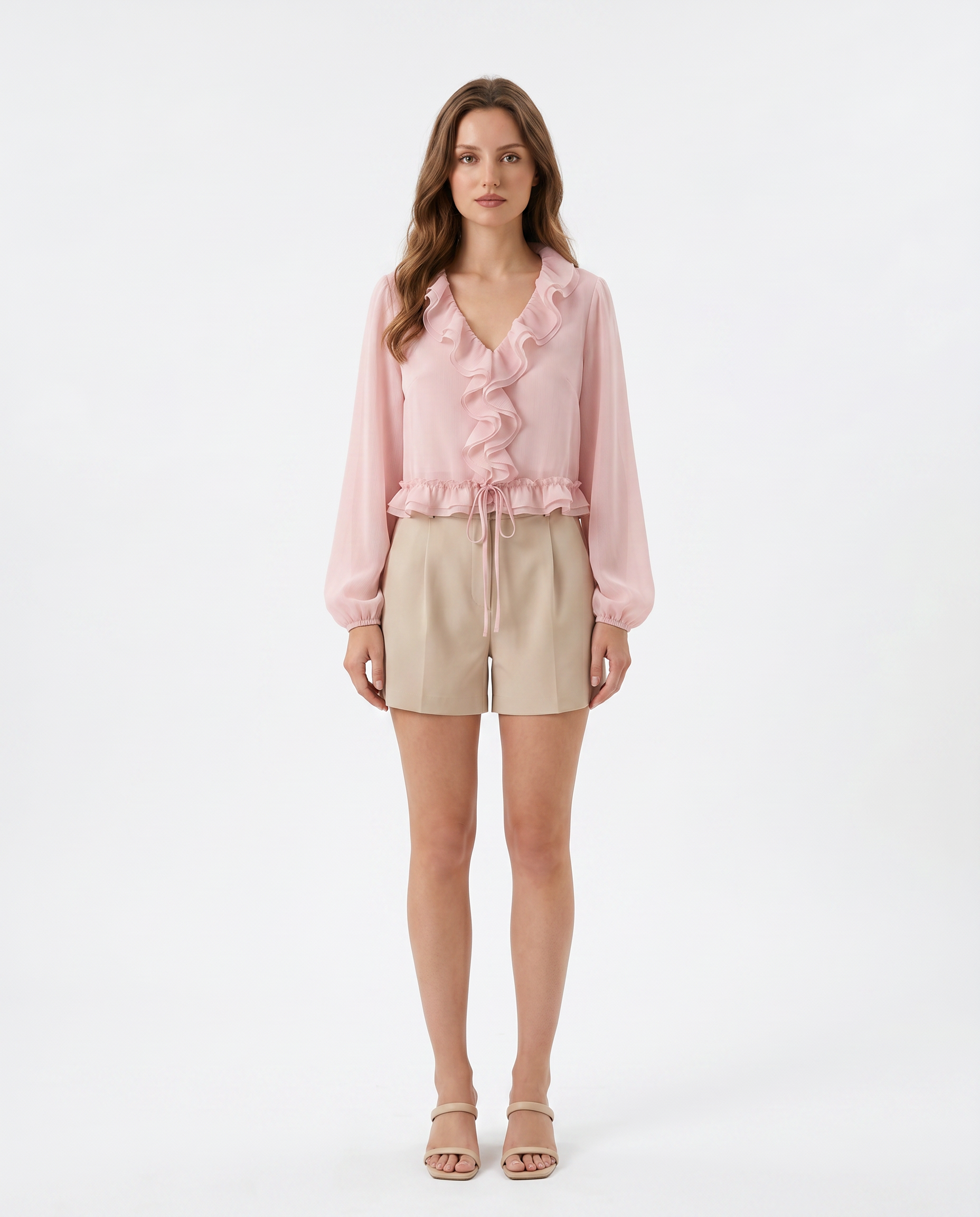 Blusa Chifón Volantes y Cordón Rosa - nn.studio Style K1079