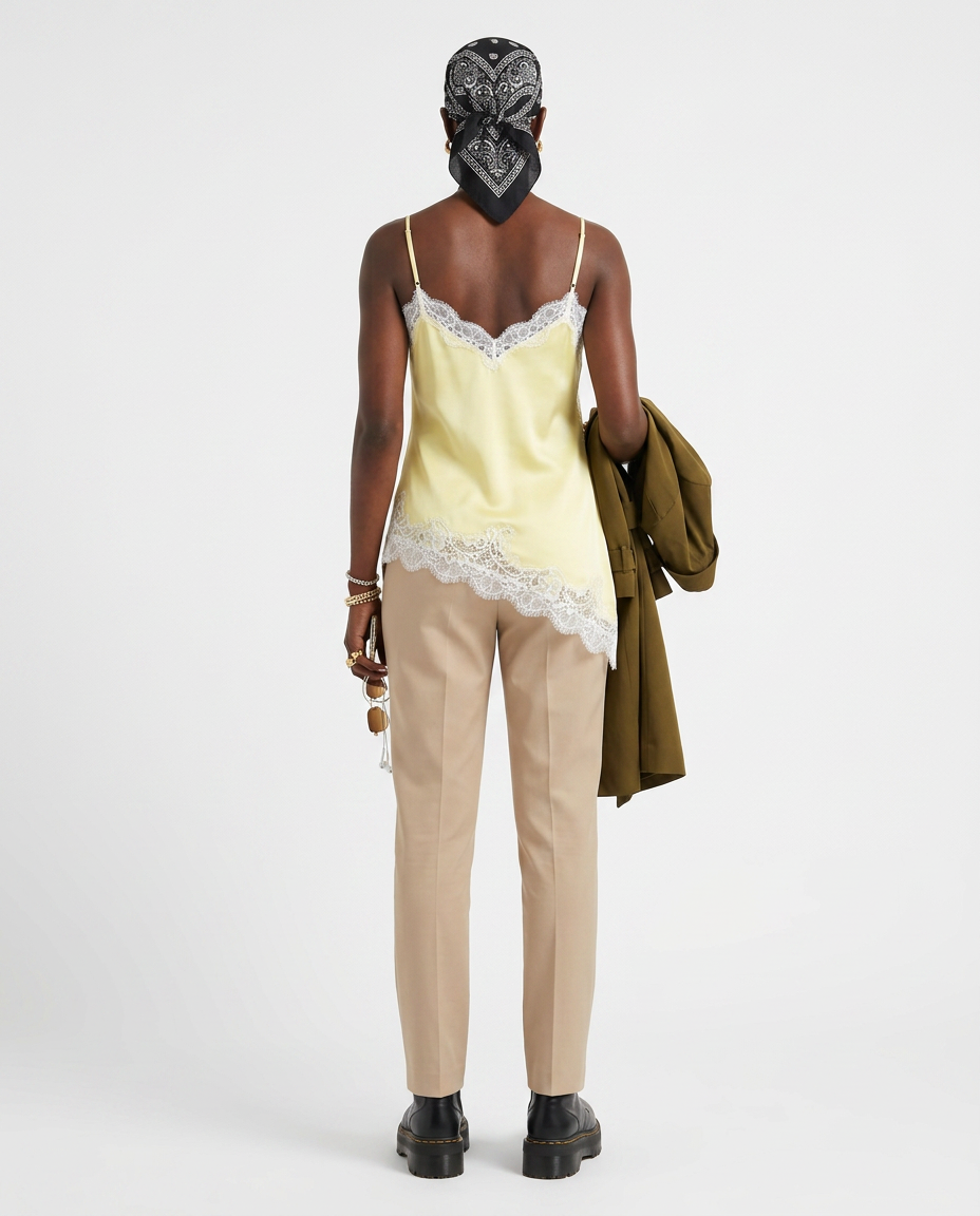 Top Satinado con Encaje Negro Escote V Amarillo - nn.studio Style K1268