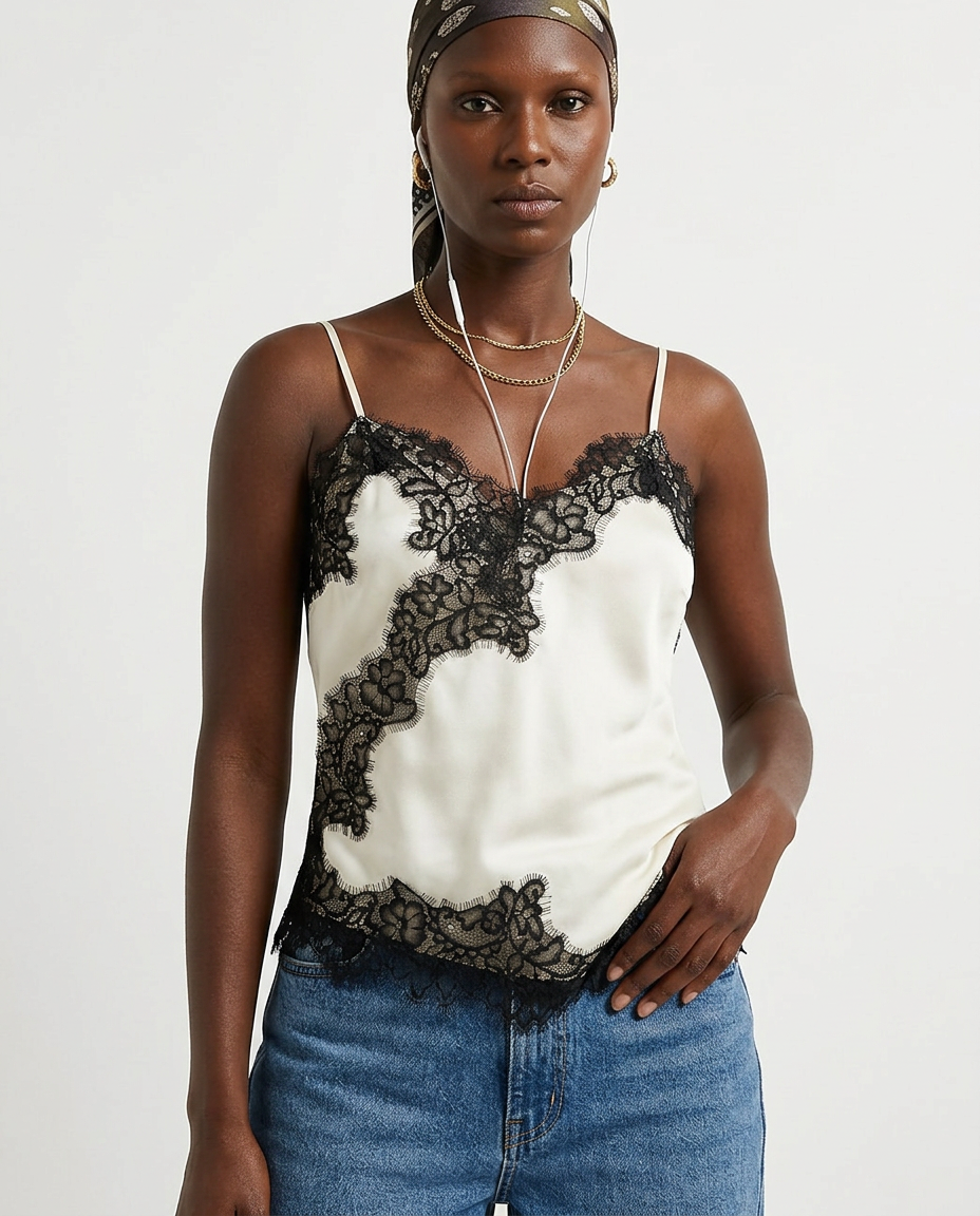 Top Satinado con Encaje Negro Escote V Ivory - nn.studio Style K1268