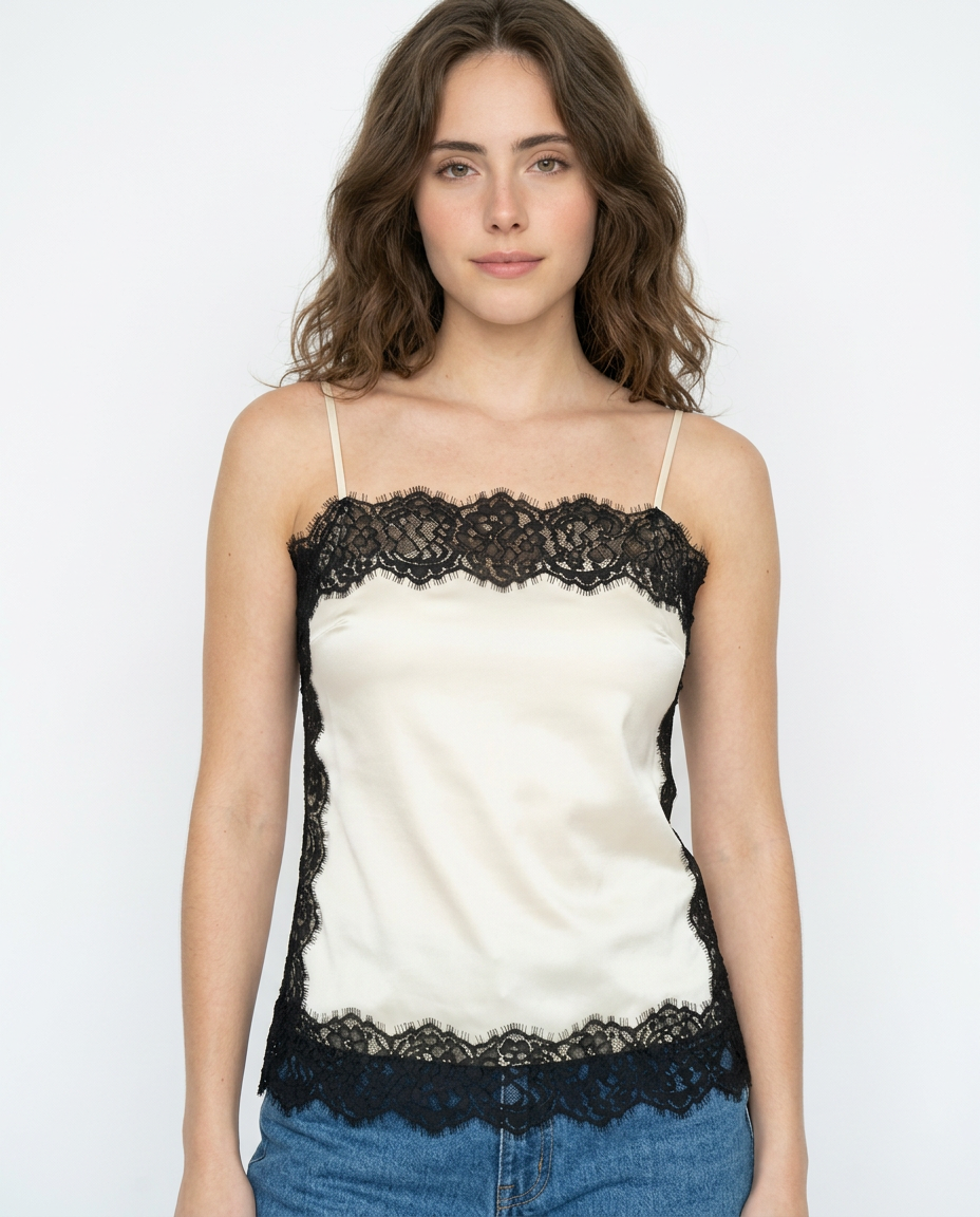 Top Satinado Corto con Encaje Negro Ivory - nn.studio Style K1315
