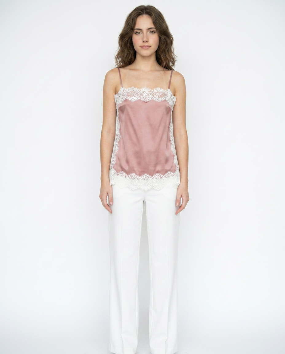 Top Satinado Corto con Encaje Negro Rosa - nn.studio Style K1315