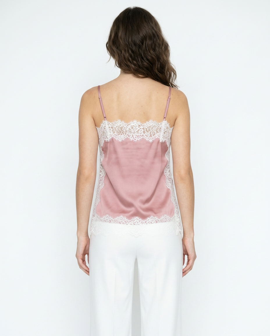 Top Satinado Corto con Encaje Negro Rosa - nn.studio Style K1315