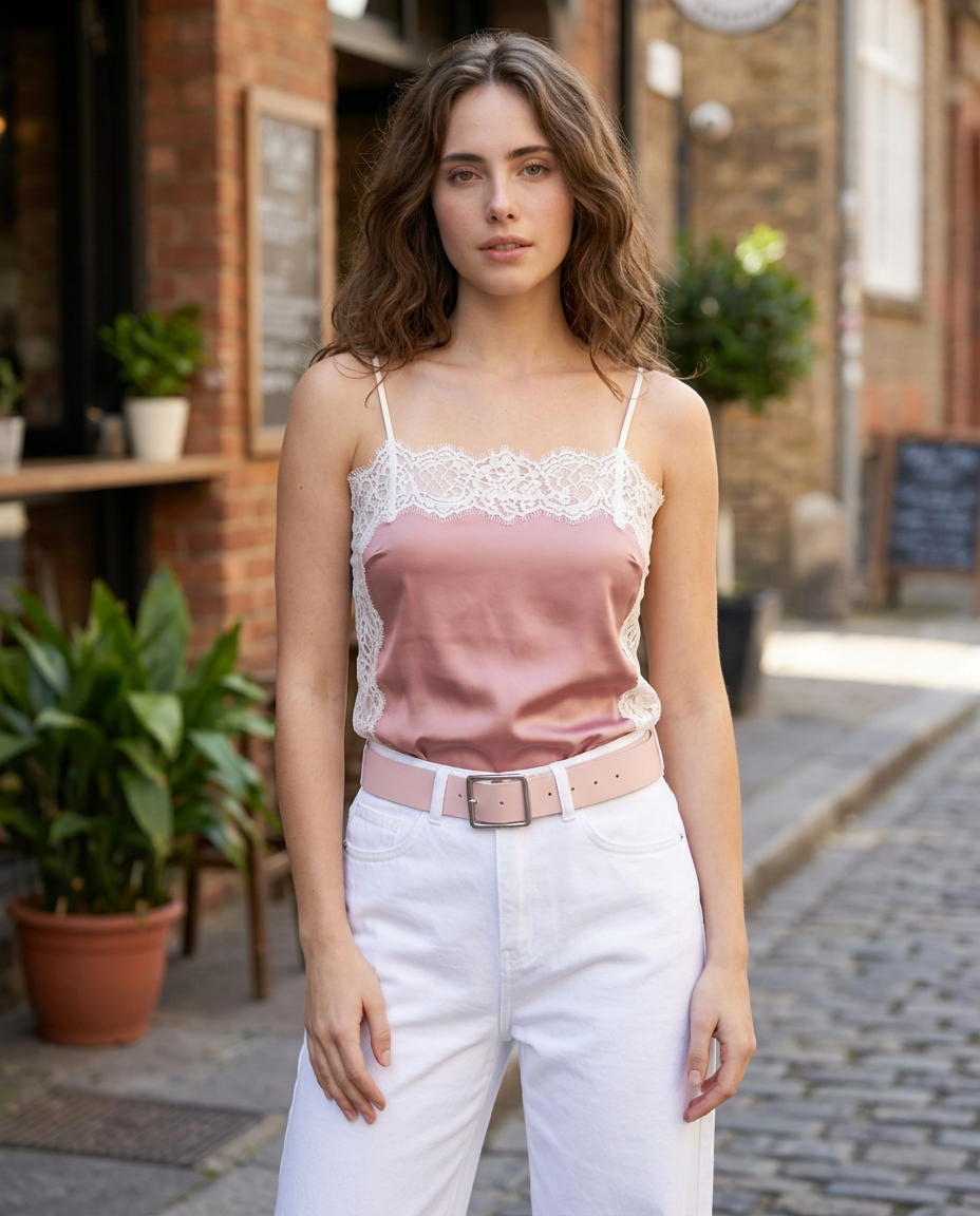 Top Satinado Corto con Encaje Negro Rosa - nn.studio Style K1315