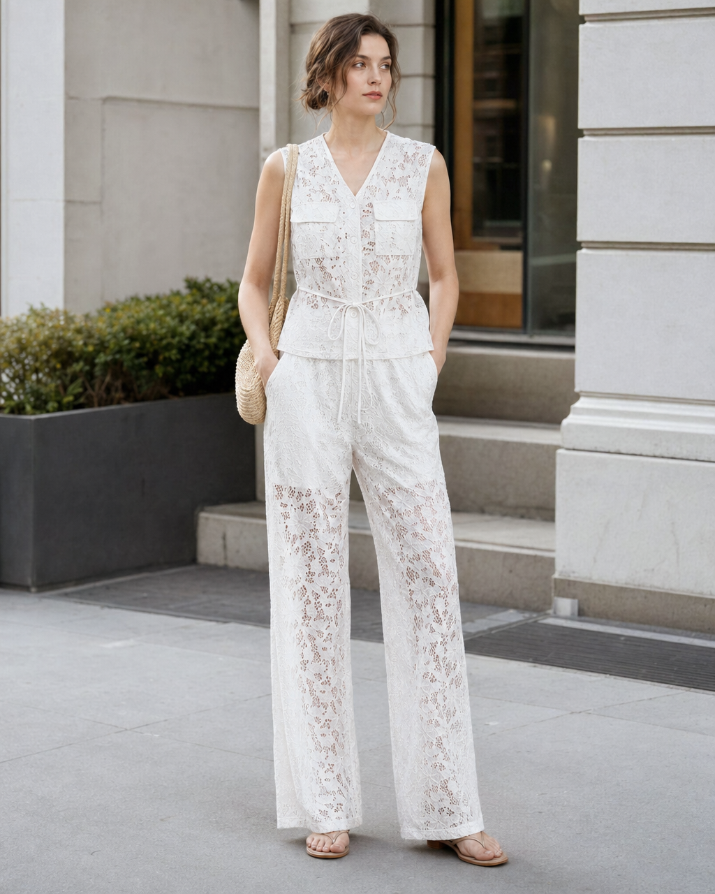 Conjunto Encaje 2 Piezas Top y Pantalón Blanco - nn.studio Style P1245