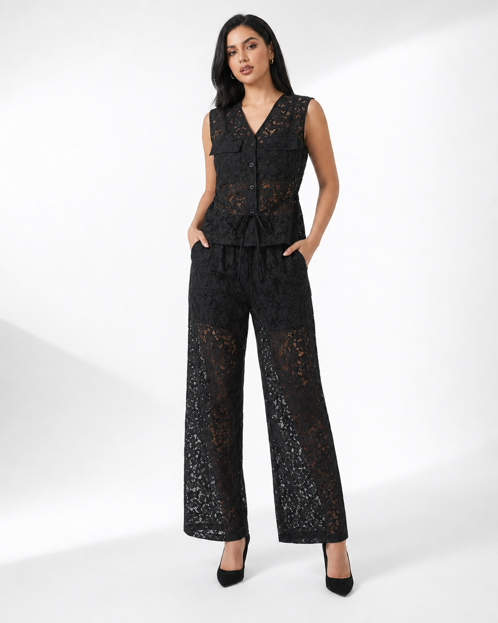 Conjunto Encaje 2 Piezas Top y Pantalón Negro - nn.studio Style P1245