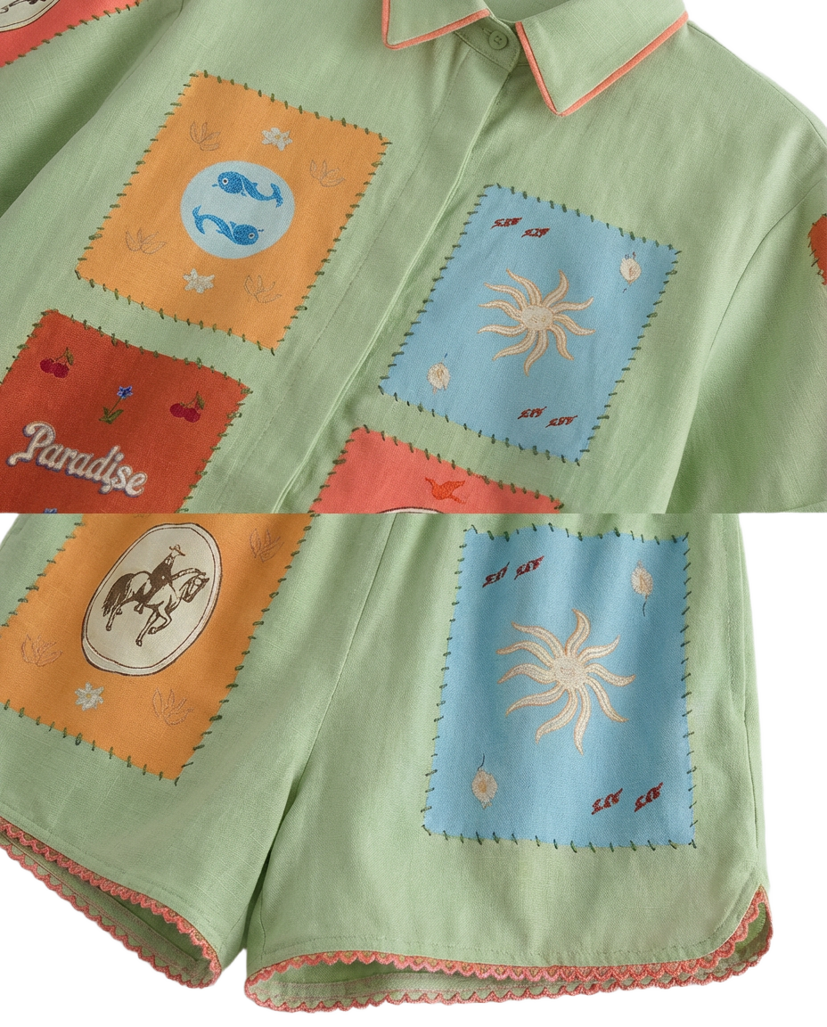 Conjunto Patchwork Bordado Verde Olivo Verde olivo con parches coloridos bordados - nn.studio Style 0272