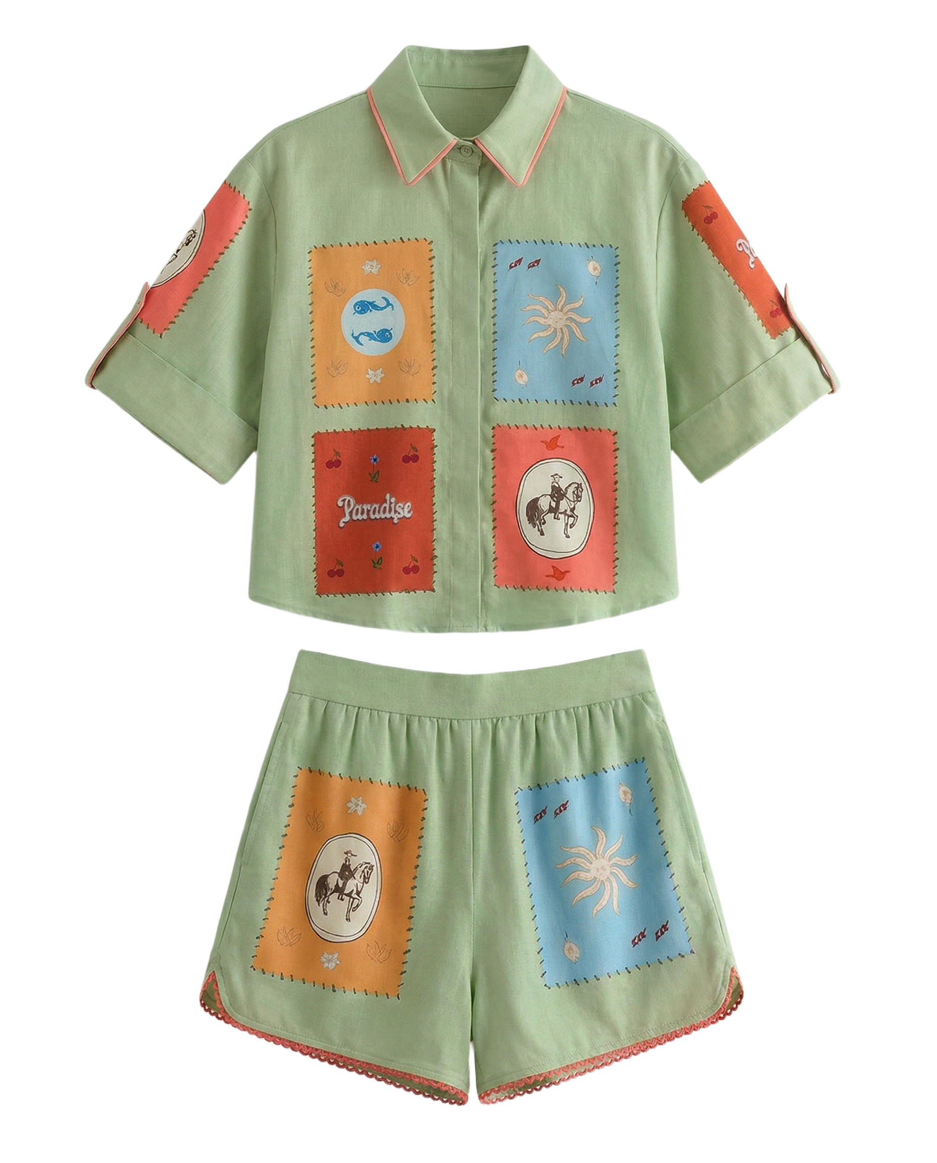 Conjunto Patchwork Bordado Verde Olivo Verde olivo con parches coloridos bordados - nn.studio Style 0272