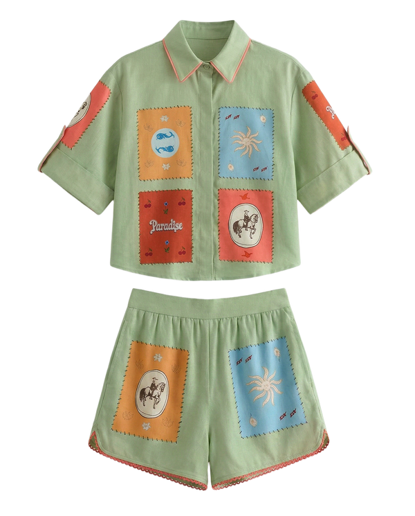 Conjunto Patchwork Bordado Verde Olivo Verde olivo con parches coloridos bordados - nn.studio Style 0272