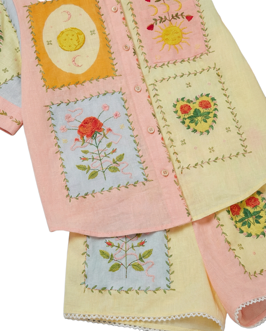 Conjunto Patchwork Floral Rosa Rosa con parches florales bordados - nn.studio Style 0972