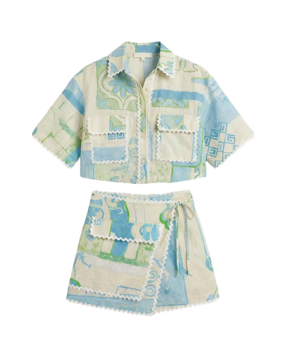 Conjunto Camisa + Short Geométrico Azul Verde Azul y verde sobre crema - nn.studio Style 1906