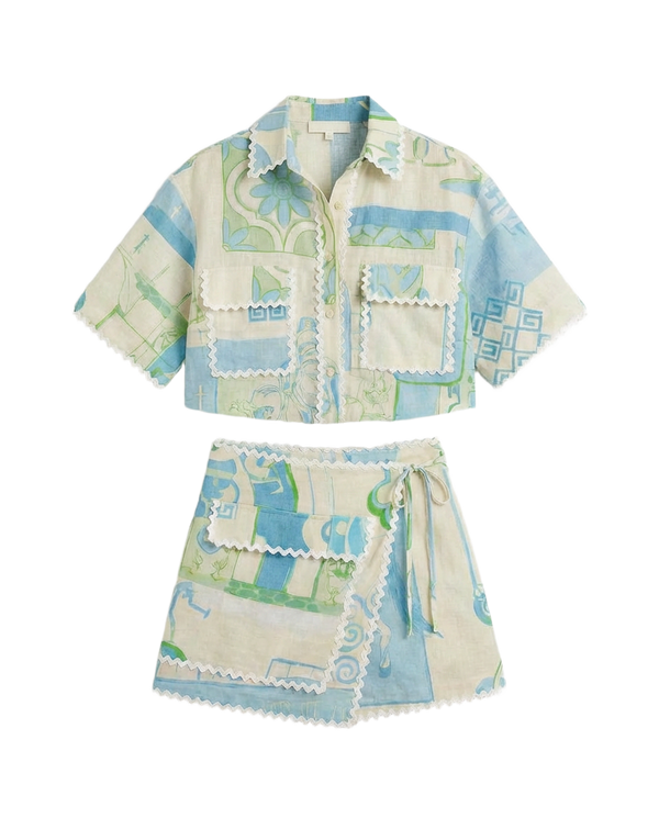 Conjunto Camisa + Short Geométrico Azul Verde Azul y verde sobre crema - nn.studio Style 1906