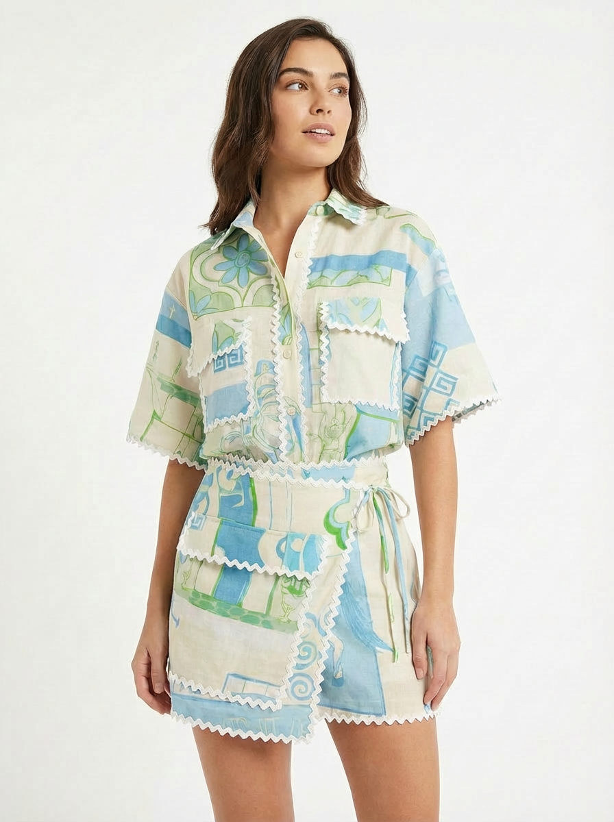 Conjunto Camisa + Short Geométrico Azul Verde Azul y verde sobre crema - nn.studio Style 1906