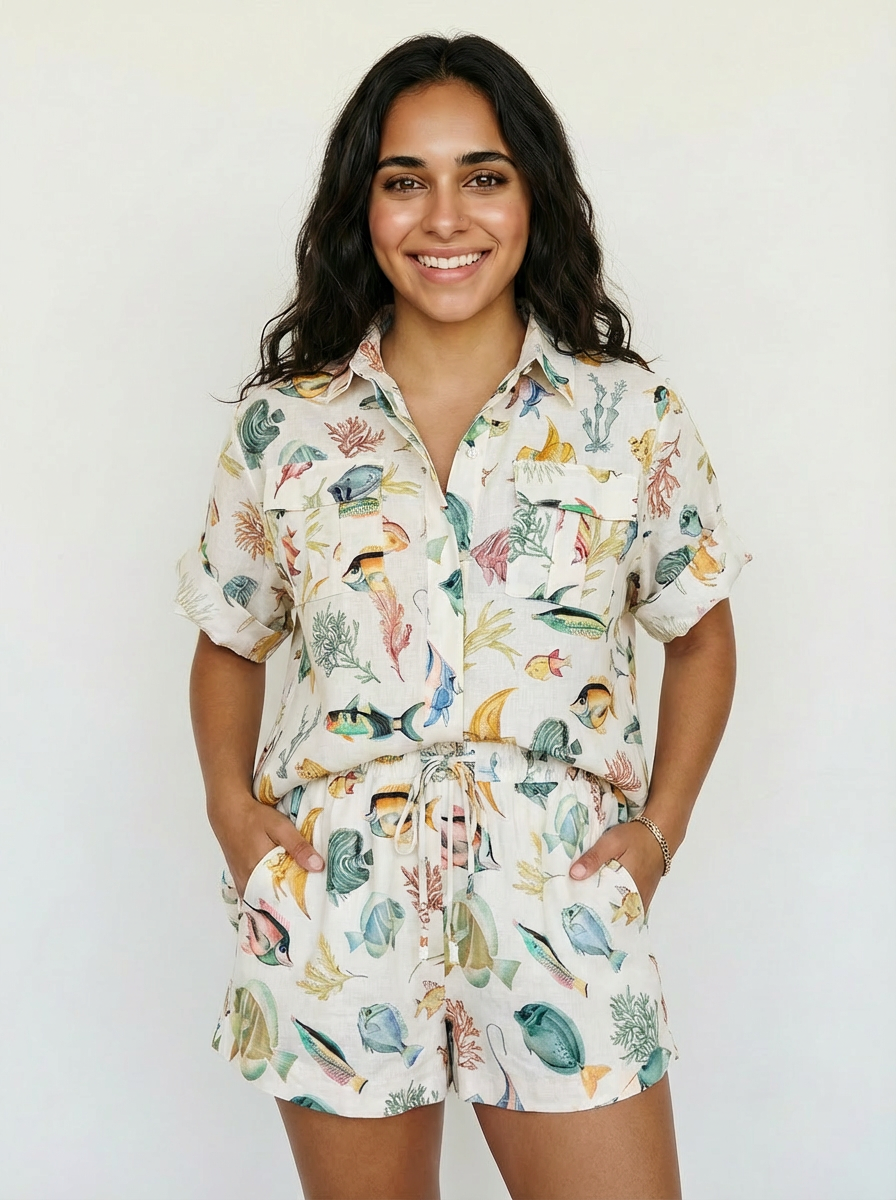 Conjunto Camisa + Short Peces de Colores Crema con peces de colores - nn.studio Style 5642