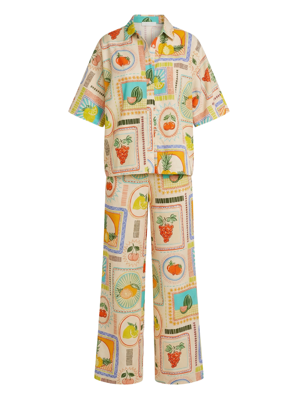 Conjunto Camisa + Pantalón Frutas Ilustradas Crema con frutas de colores - nn.studio Style 6598