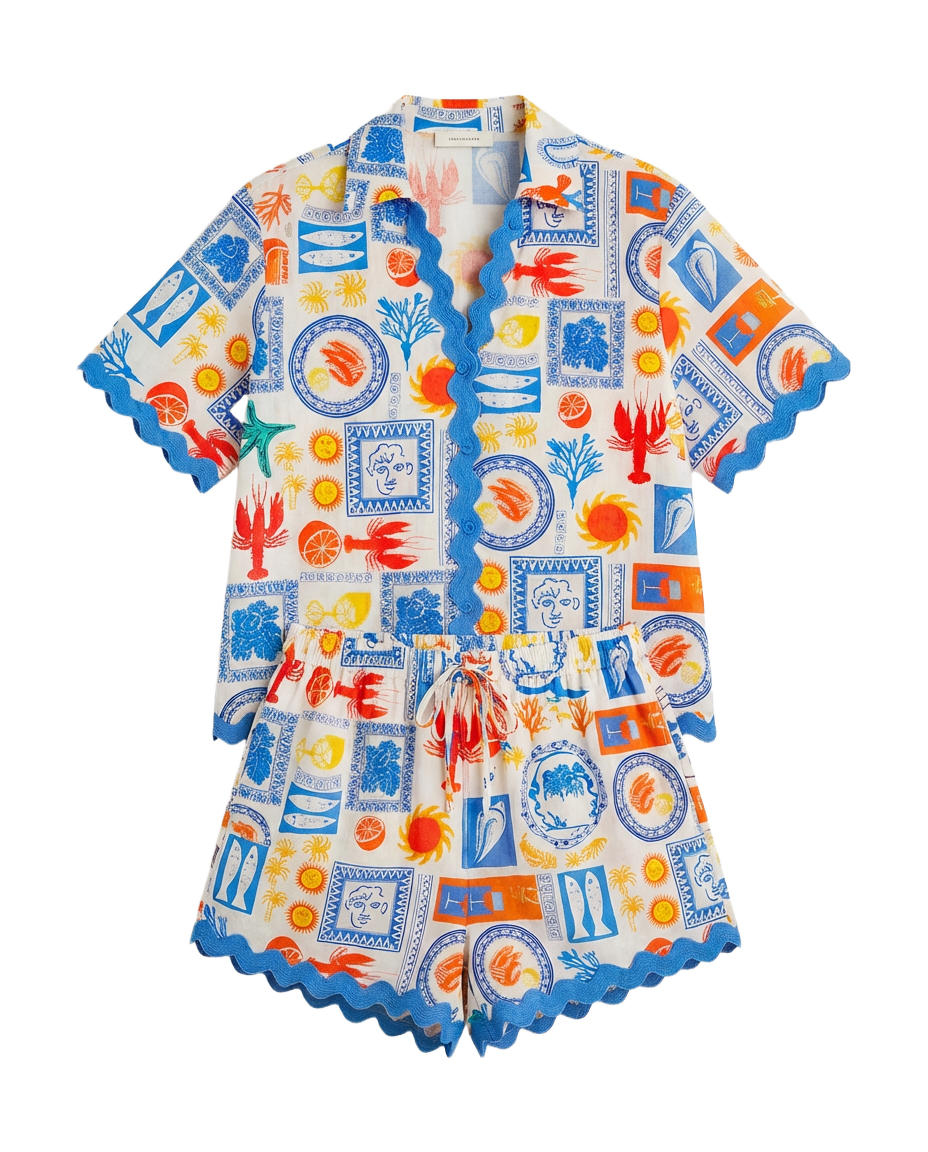 Conjunto Camisa + Short Mediterráneo Crema con motivos azules y naranjas - nn.studio Style 6842