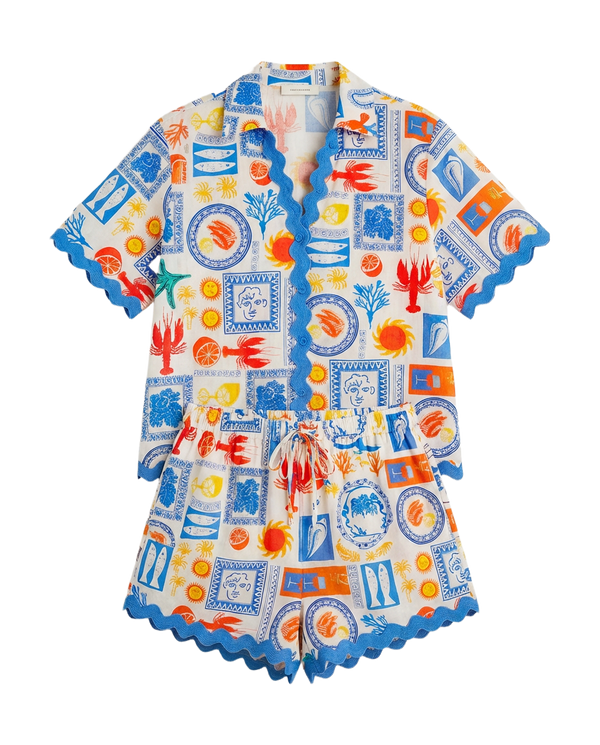 Conjunto Camisa + Short Mediterráneo Crema con motivos azules y naranjas - nn.studio Style 6842