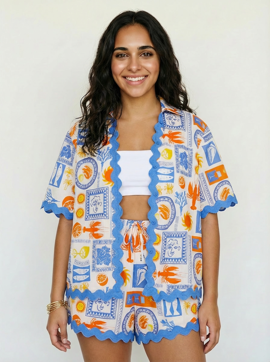 Conjunto Camisa + Short Mediterráneo Crema con motivos azules y naranjas - nn.studio Style 6842