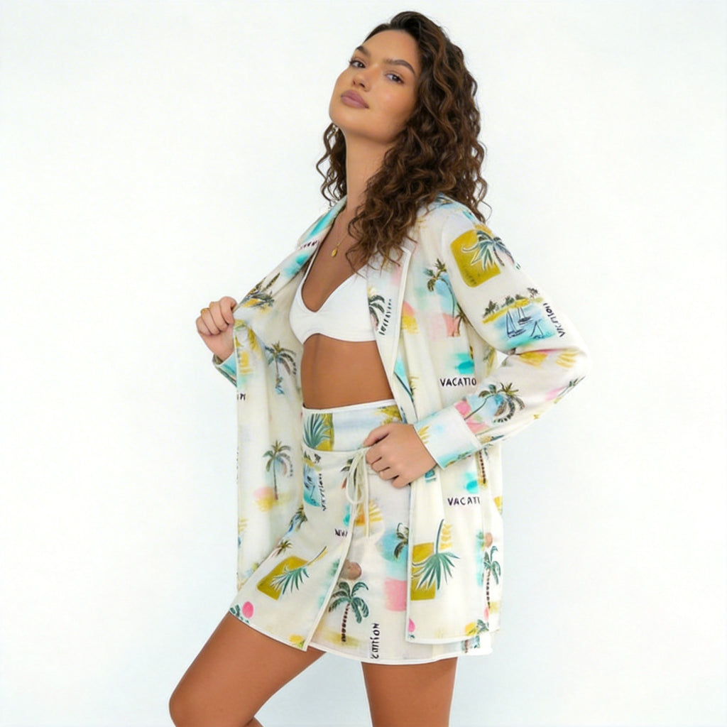 Conjunto Camisa + Short Palmeras y Barcos Crema con print de palmeras y barcos - nn.studio Style 202601-B