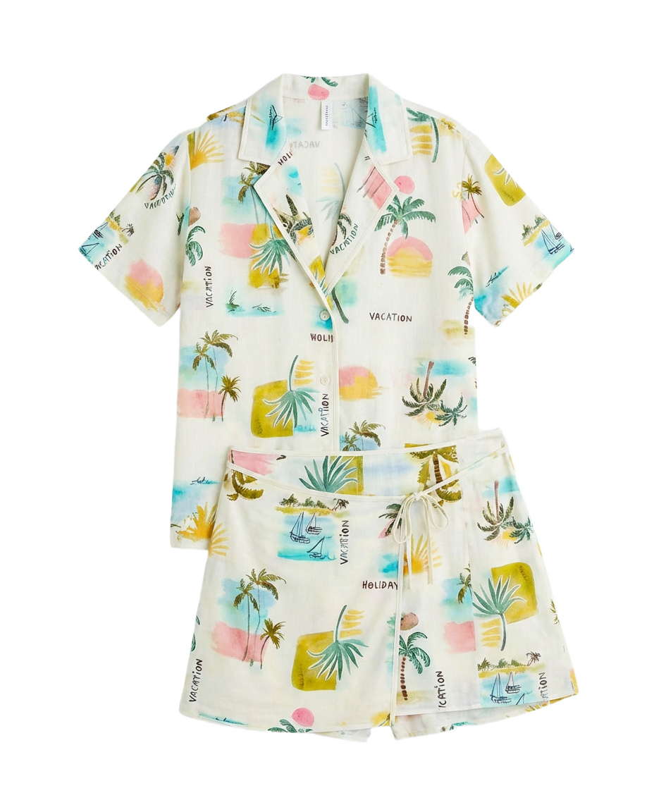 Conjunto Camisa + Short Palmeras y Barcos Crema con print de palmeras y barcos - nn.studio Style 202601-B