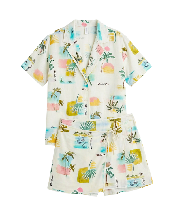 Conjunto Camisa + Short Palmeras y Barcos Crema con print de palmeras y barcos - nn.studio Style 202601-B