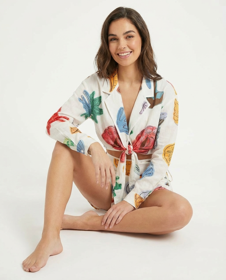Conjunto Camisa + Short Conchas de Colores Blanco con conchas de colores - nn.studio Style 9856