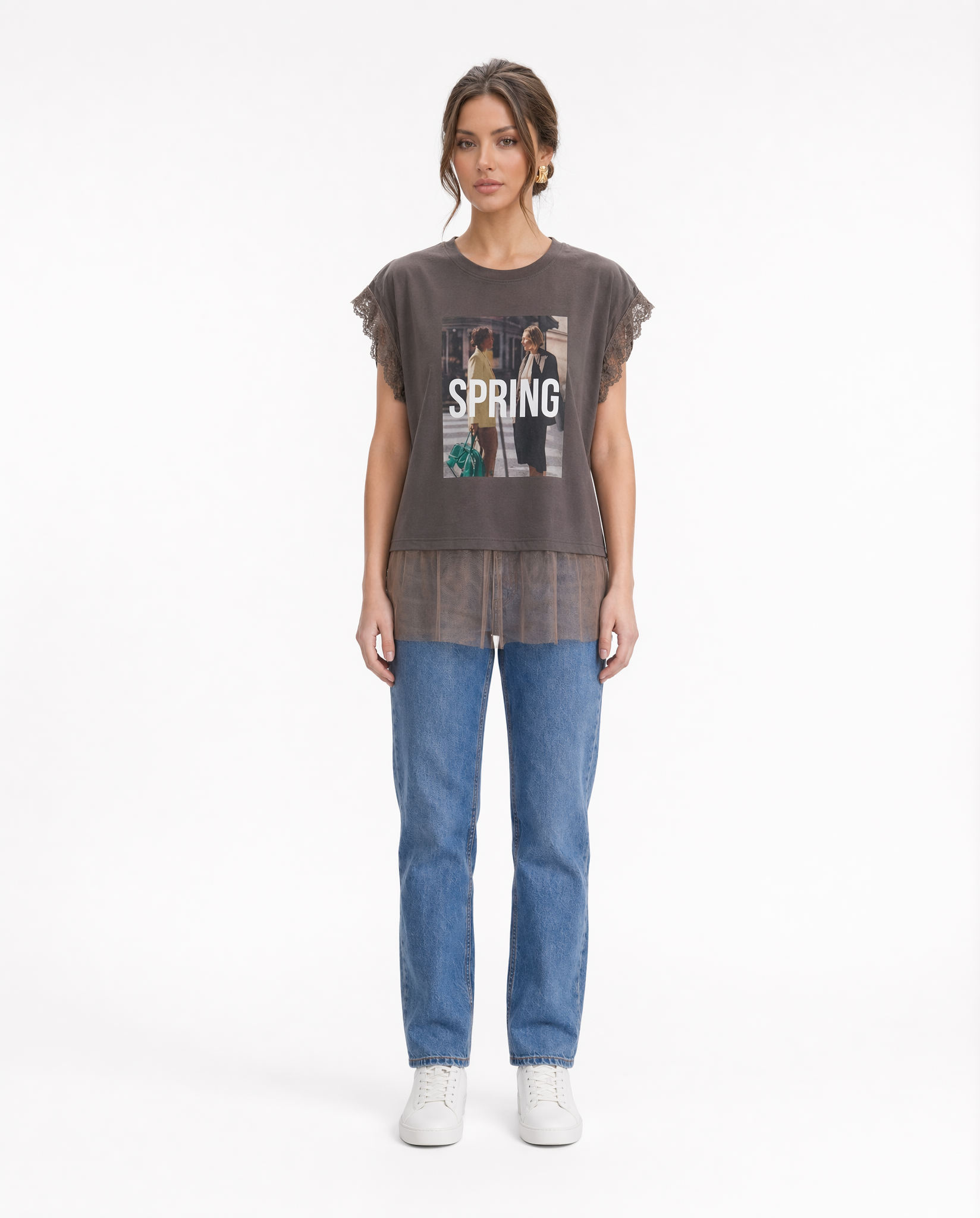 Playera "Spring" con Panel de Tul Marrón - nn.studio Style 6789
