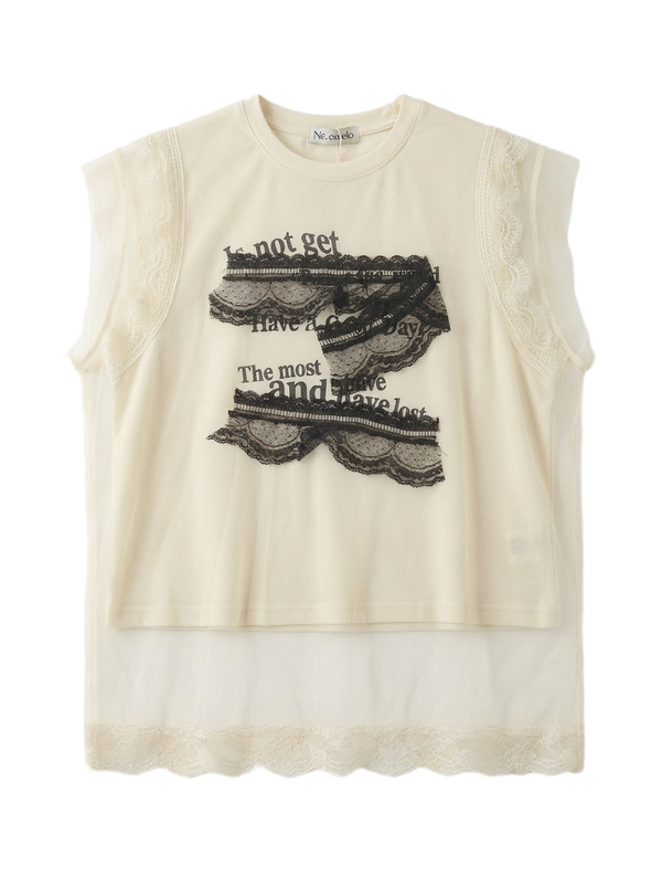 Top Sin Mangas con Encaje y Gasa Beis - nn.studio Style F6767