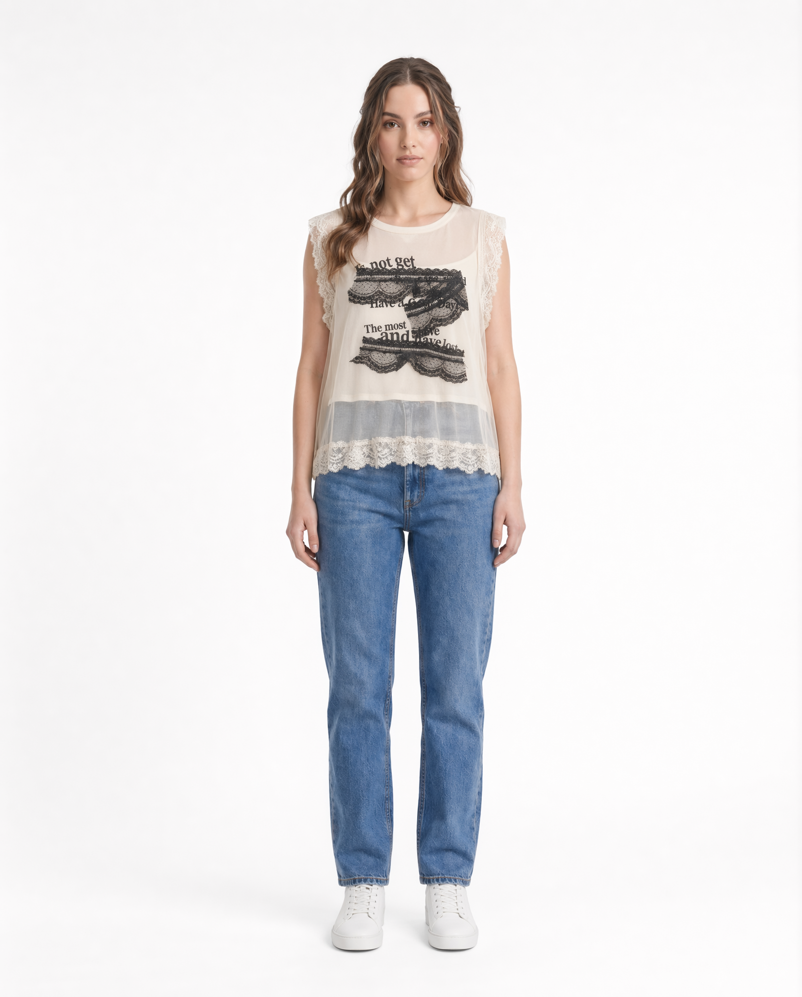 Top Sin Mangas con Encaje y Gasa Beis - nn.studio Style F6767