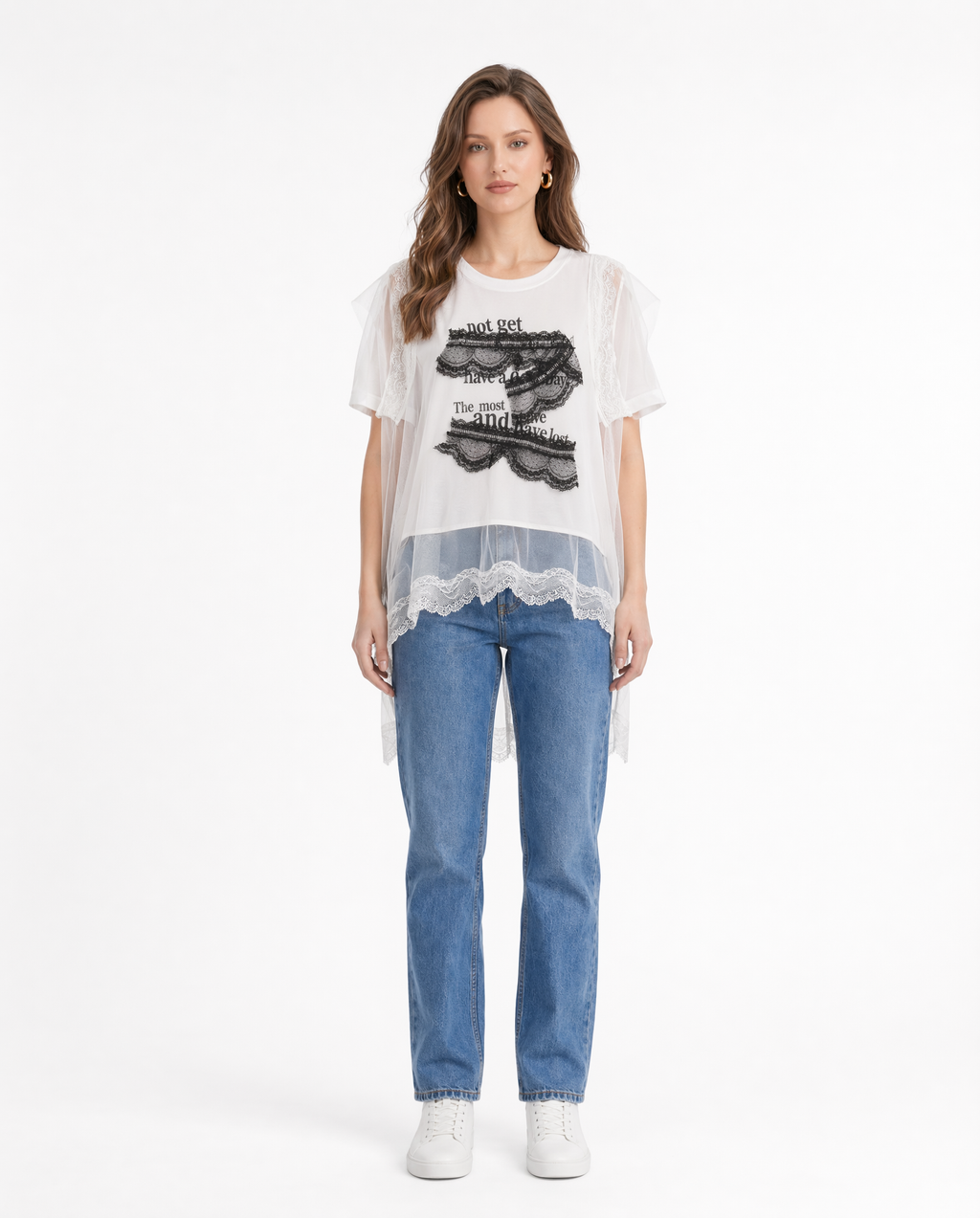 Top Sin Mangas con Encaje y Gasa Blanco - nn.studio Style F6767