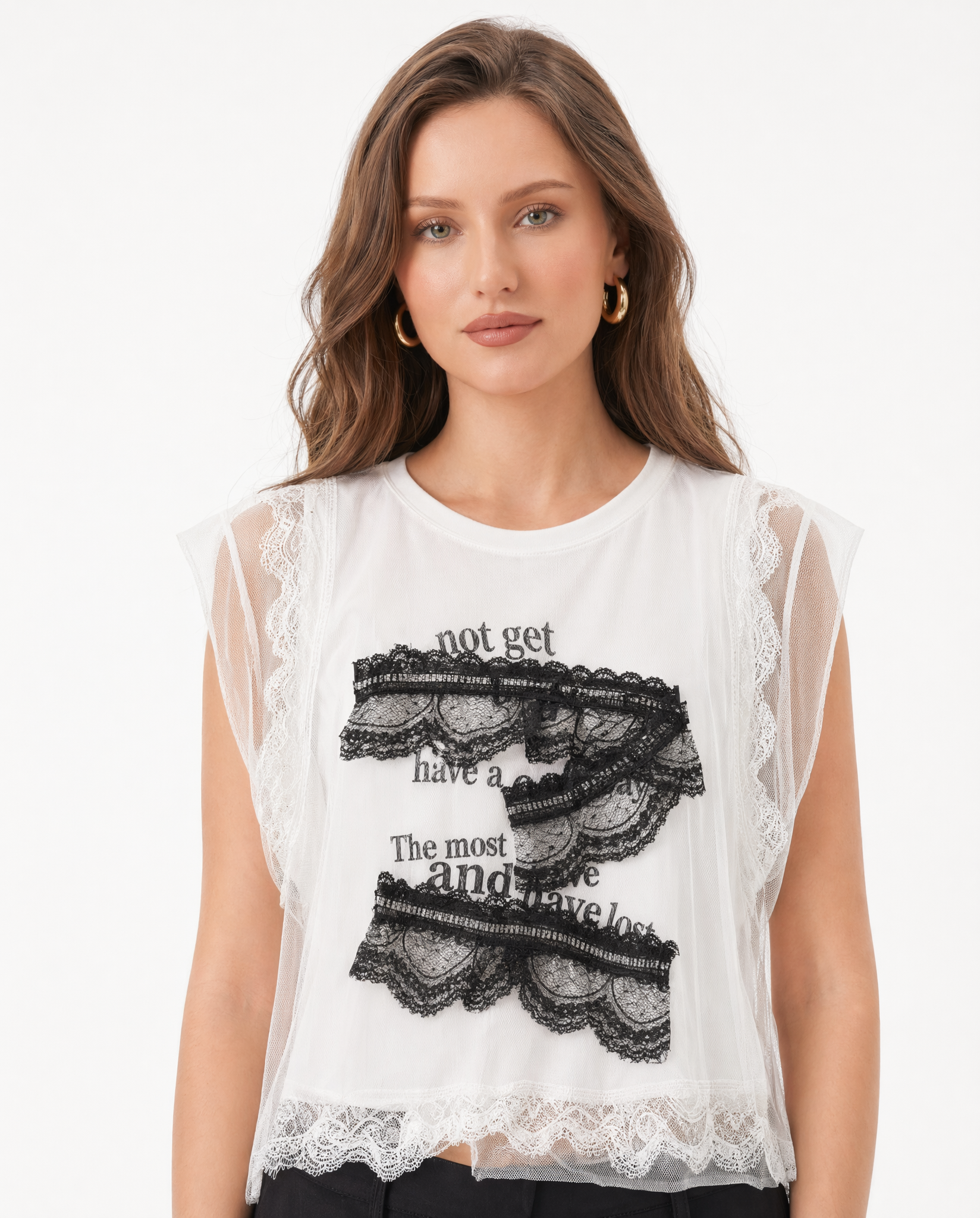 Top Sin Mangas con Encaje y Gasa Blanco - nn.studio Style F6767