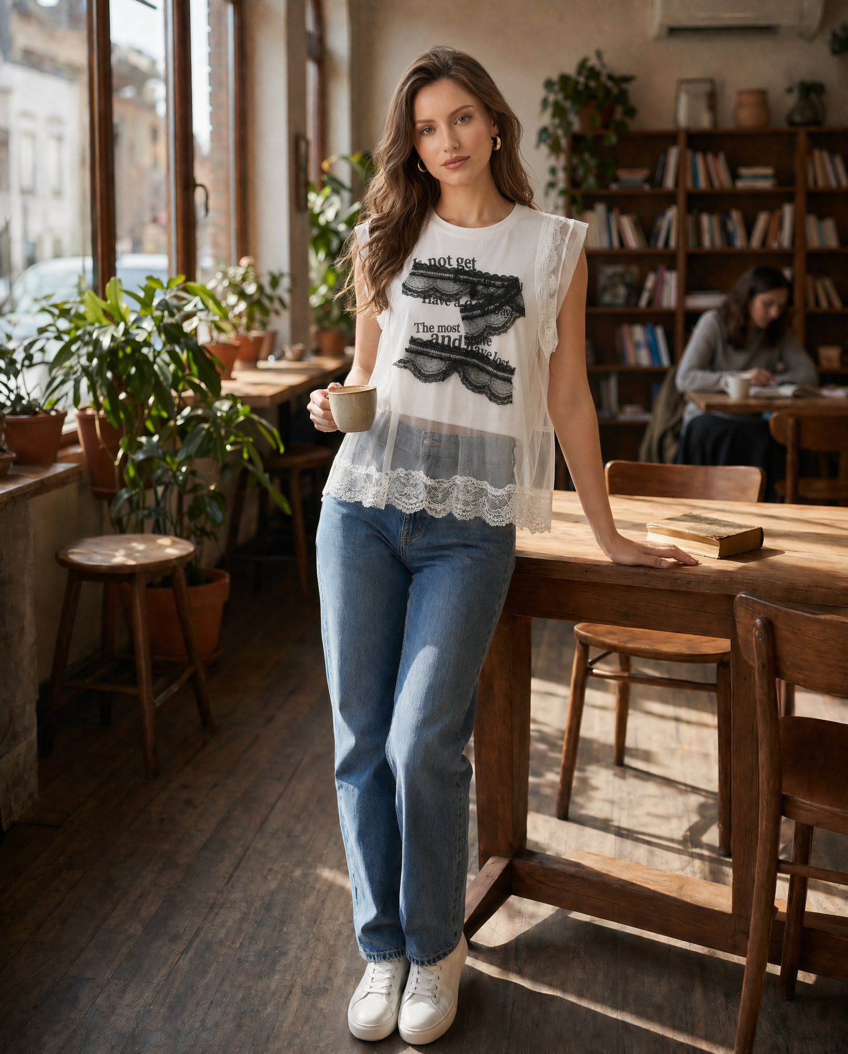 Top Sin Mangas con Encaje y Gasa Blanco - nn.studio Style F6767