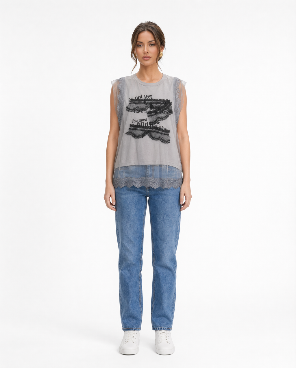 Top Sin Mangas con Encaje y Gasa Gris - nn.studio Style F6767