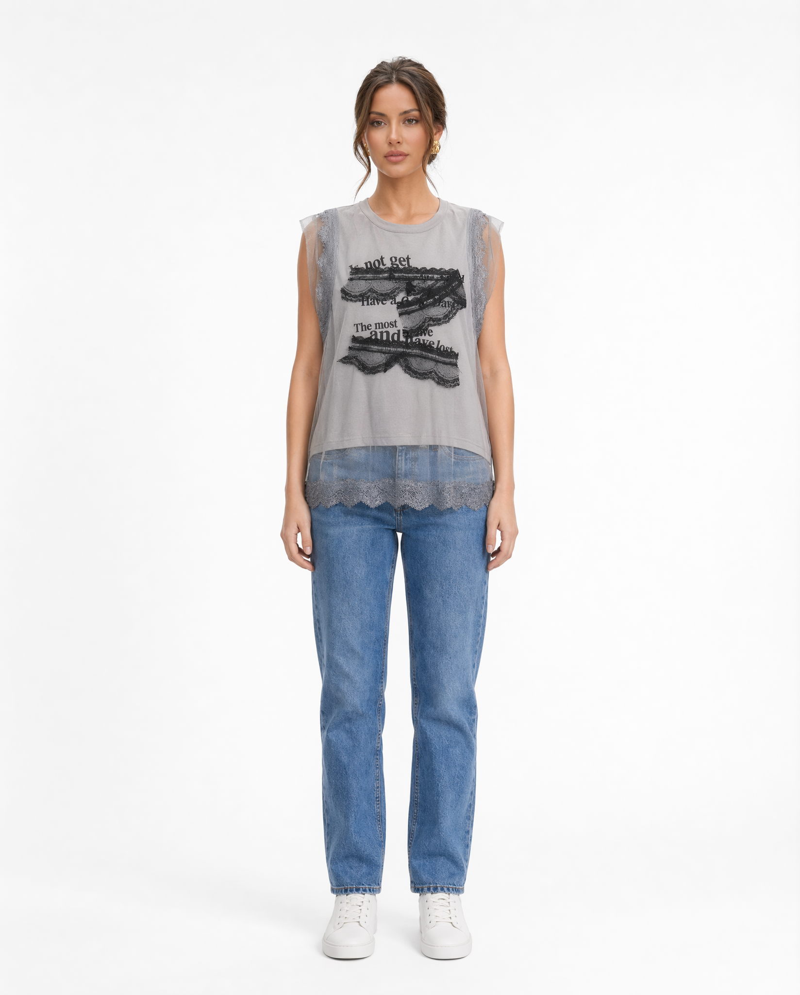 Top Sin Mangas con Encaje y Gasa Gris - nn.studio Style F6767