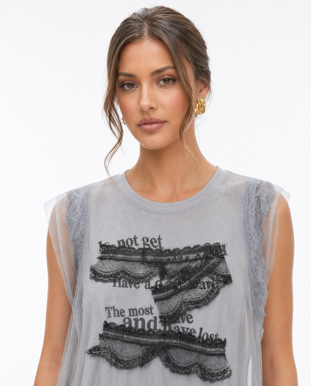 Top Sin Mangas con Encaje y Gasa Gris - nn.studio Style F6767