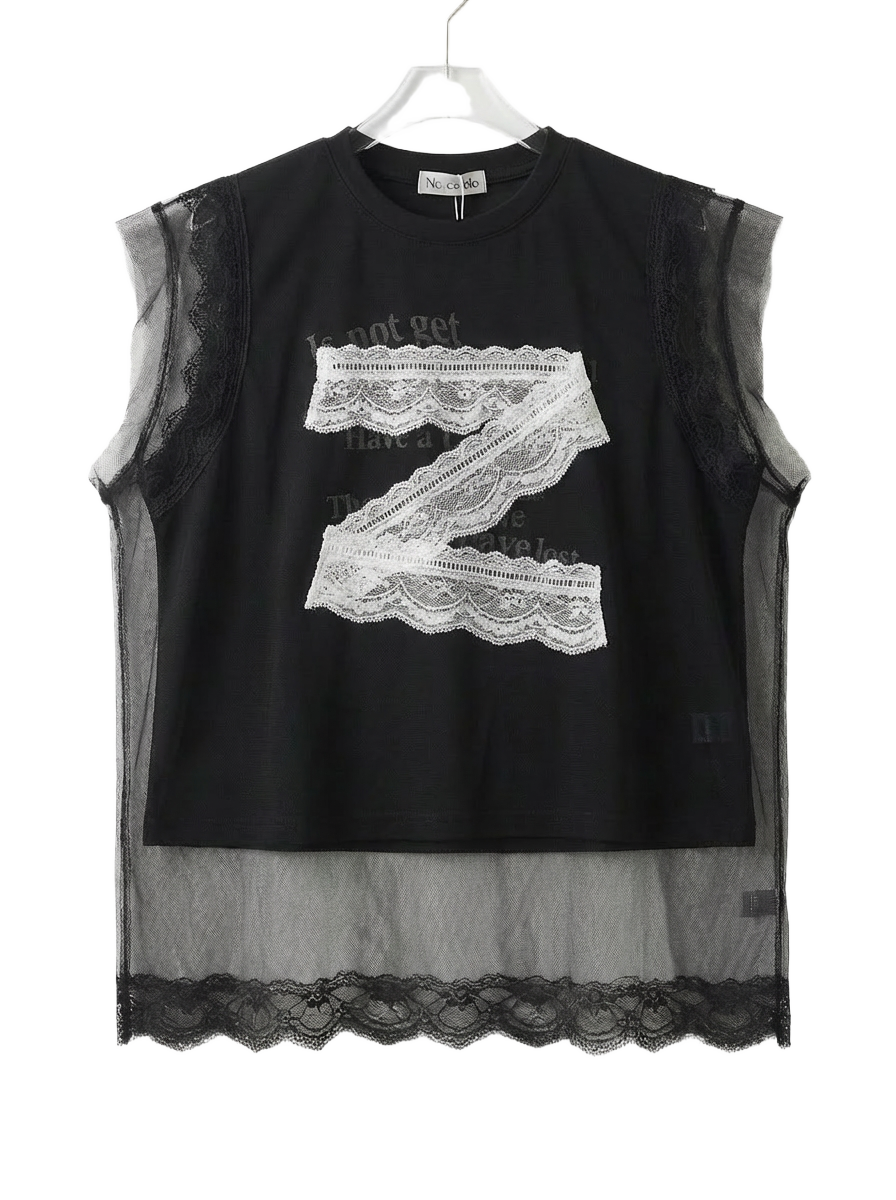 Top Sin Mangas con Encaje y Gasa Negro - nn.studio Style F6767