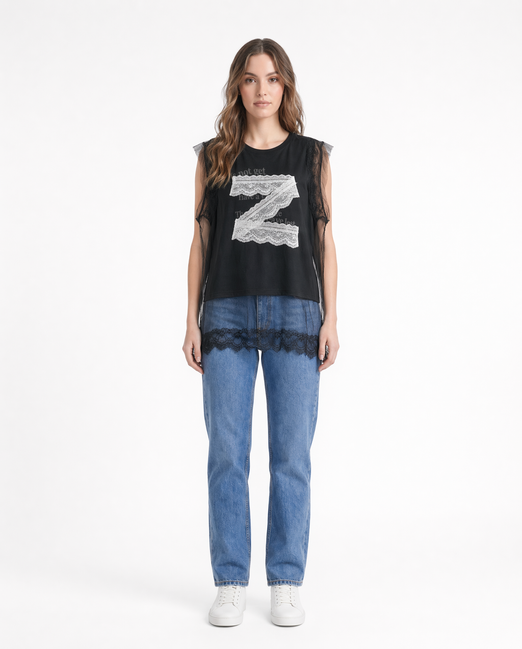 Top Sin Mangas con Encaje y Gasa Negro - nn.studio Style F6767
