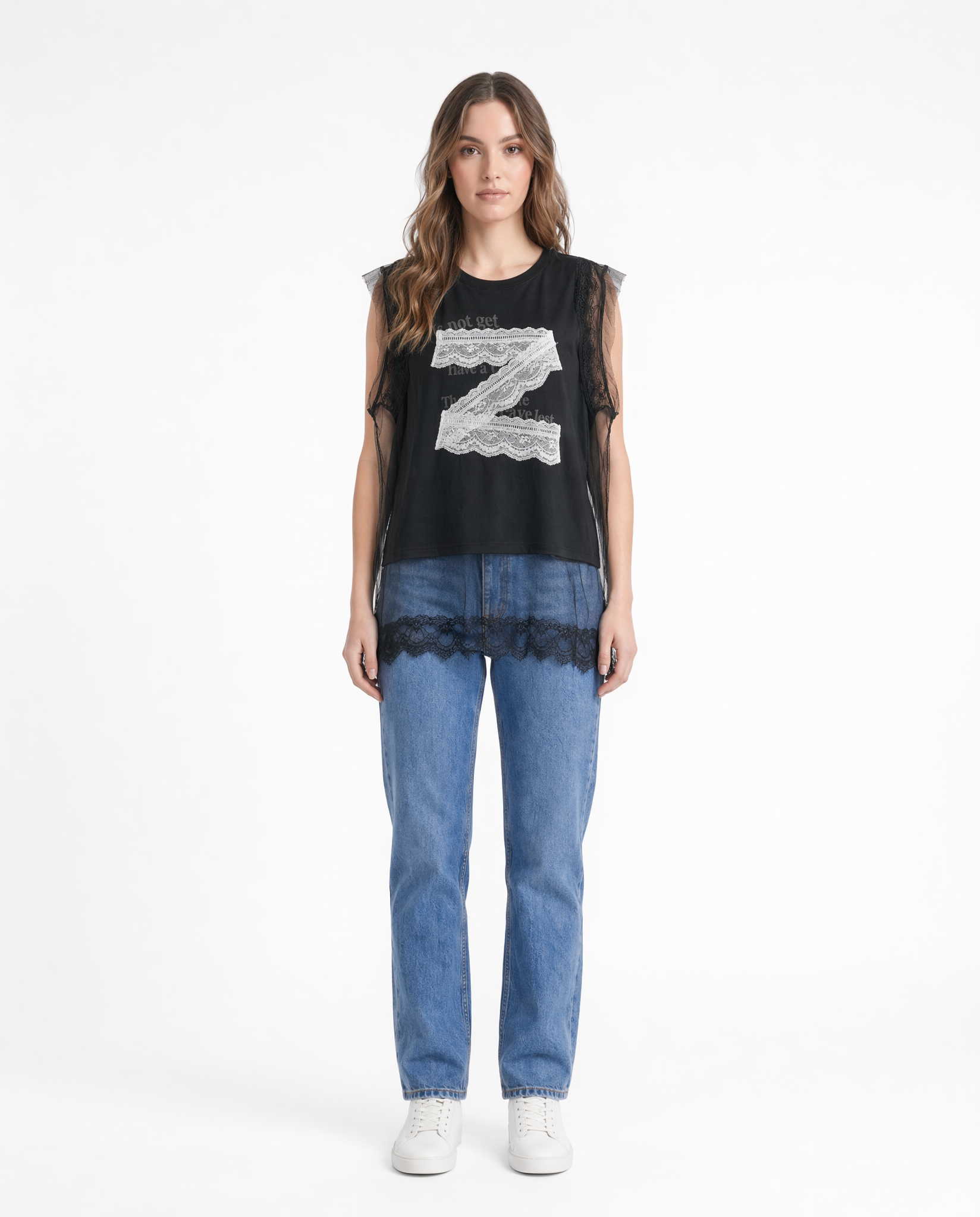 Top Sin Mangas con Encaje y Gasa Negro - nn.studio Style F6767