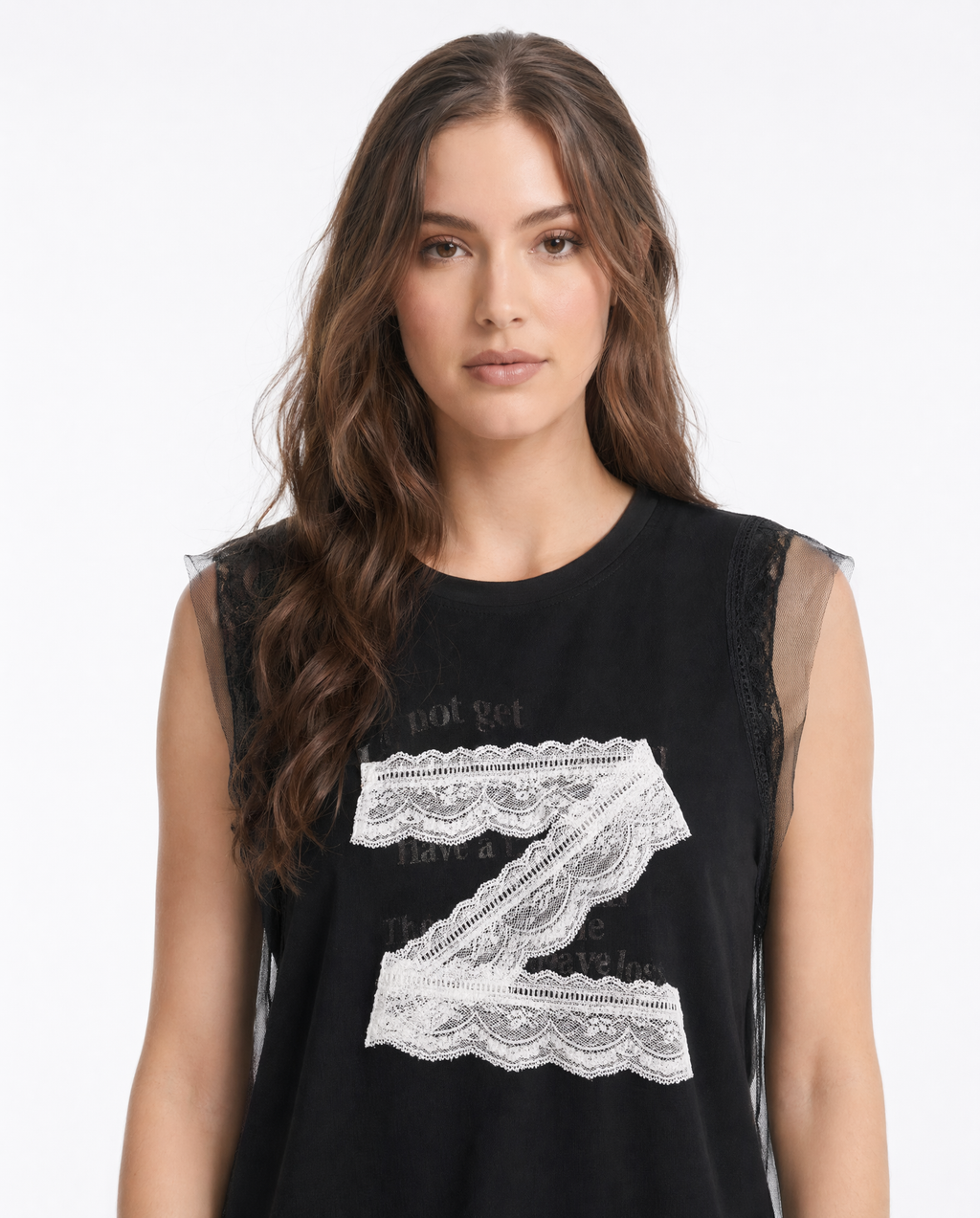 Top Sin Mangas con Encaje y Gasa Negro - nn.studio Style F6767