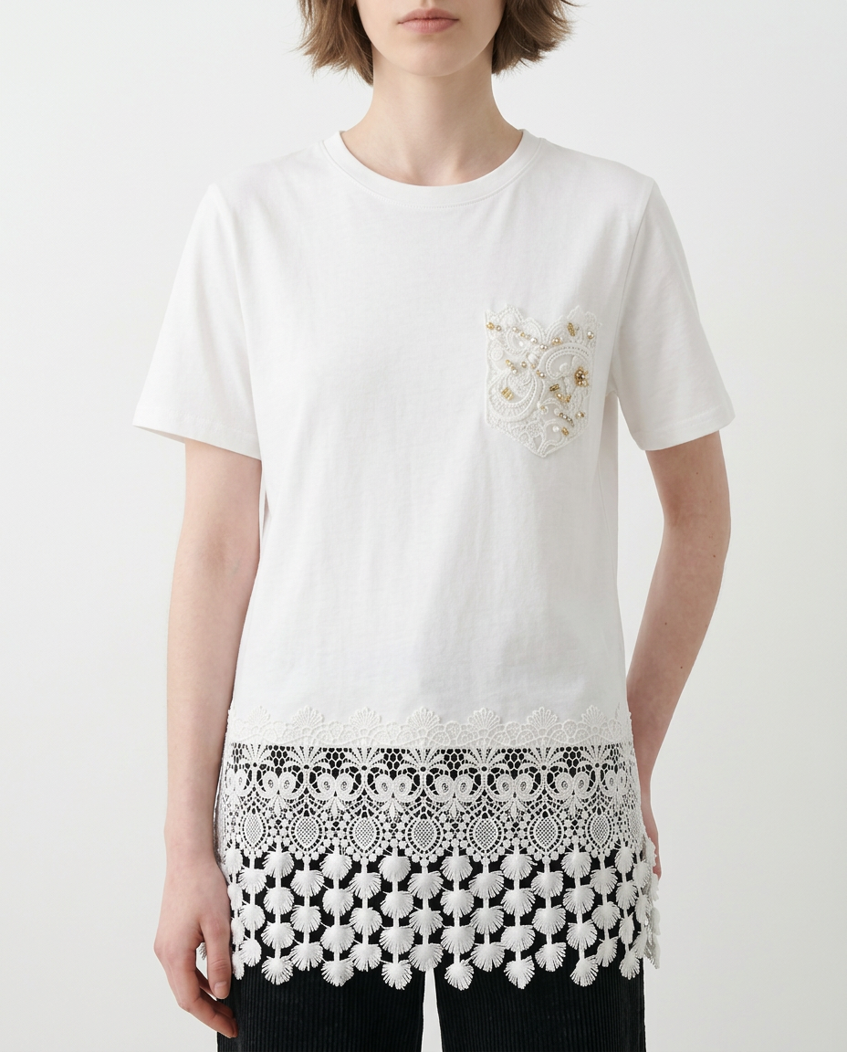 Playera con Bolsillo Bordado y Crochet Beis - nn.studio Style 6793